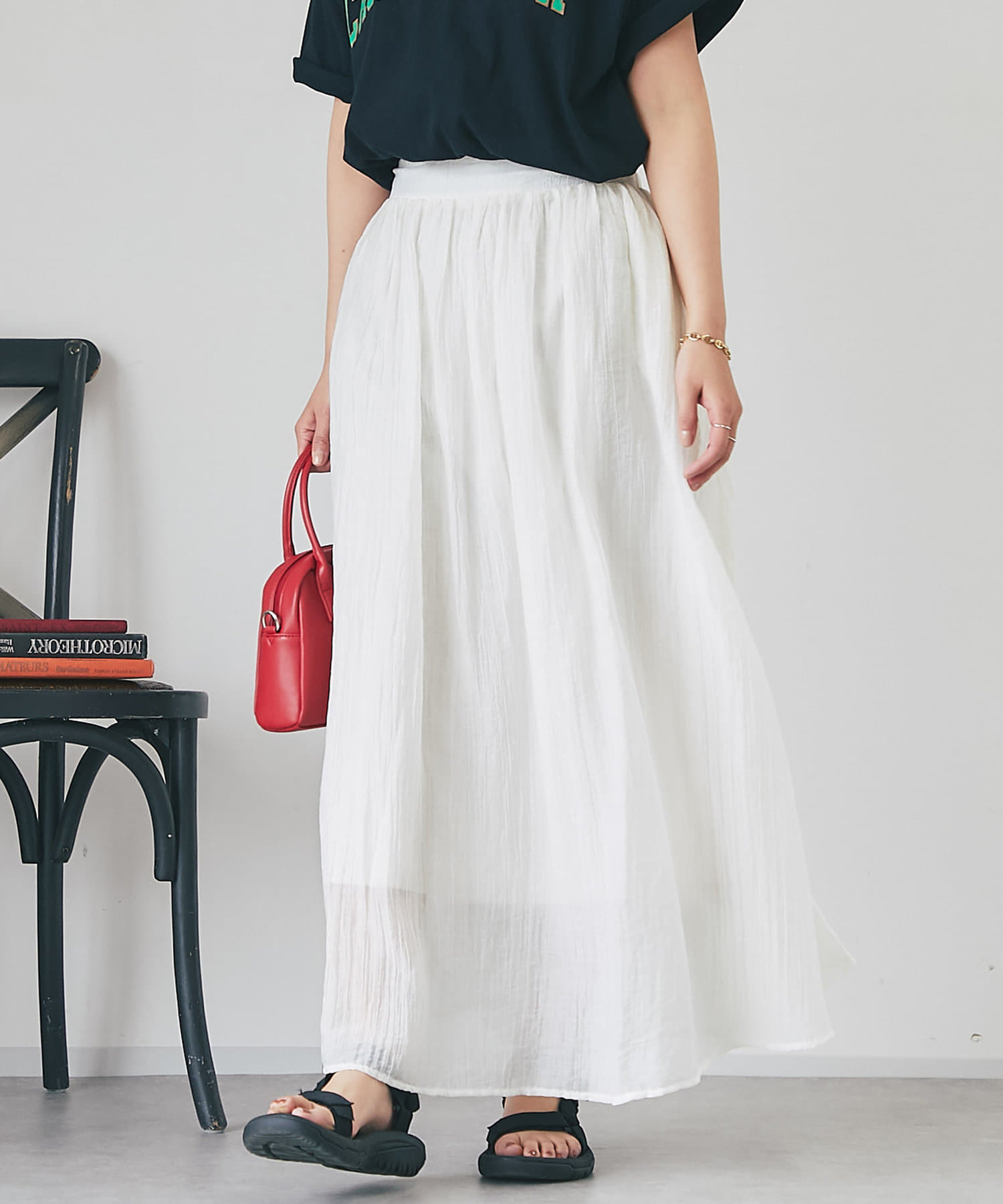 OUTLET(アウトレット) 【un dix cors】シワ加工ロングギャザースカート