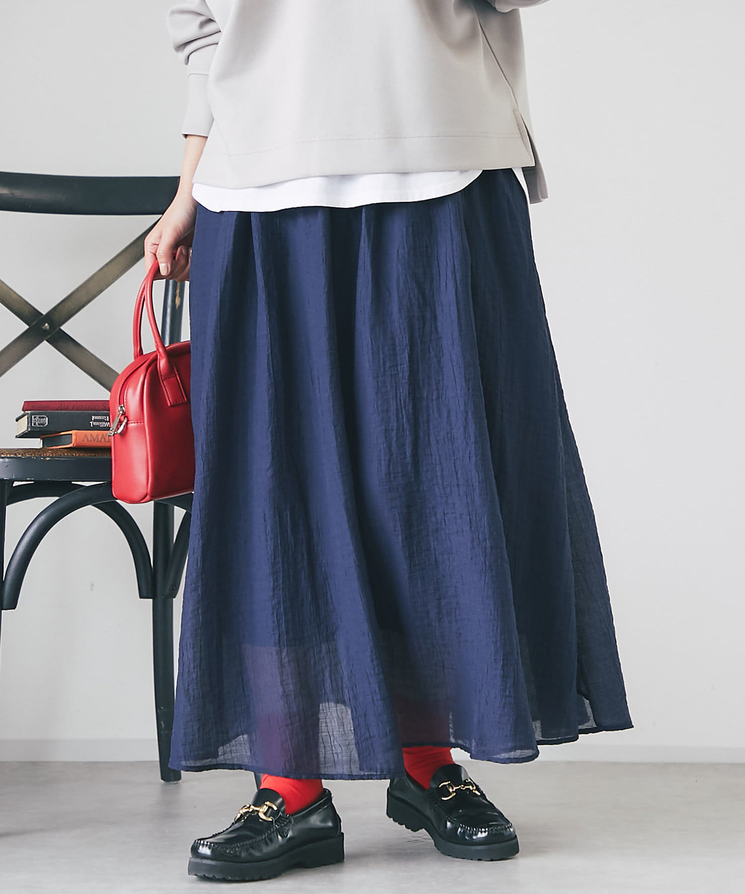 OUTLET(アウトレット) 【un dix cors】シワ加工ロングギャザースカート