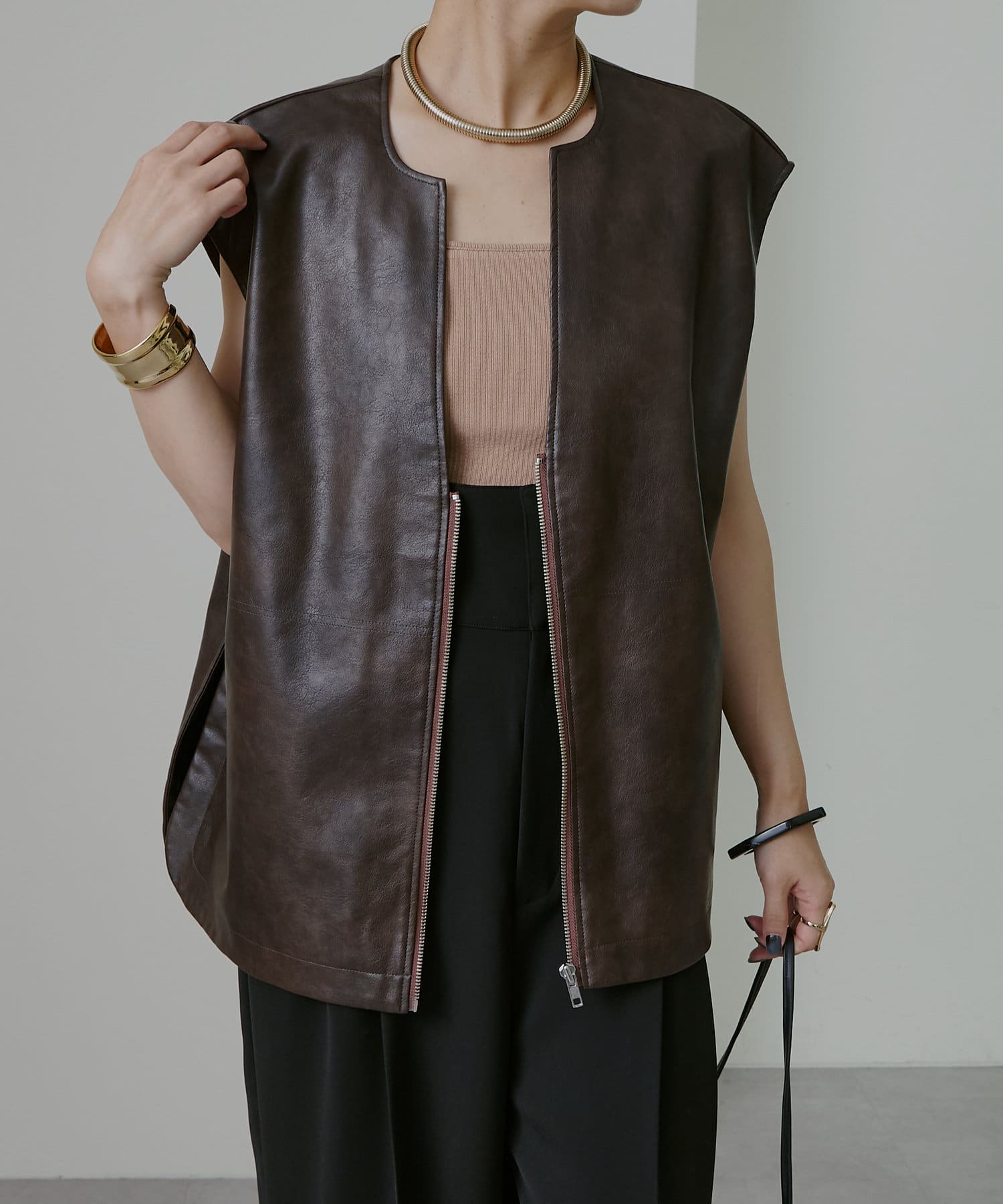 レザーフロントジップベスト | Omekashi(オメカシ)レディース | PAL