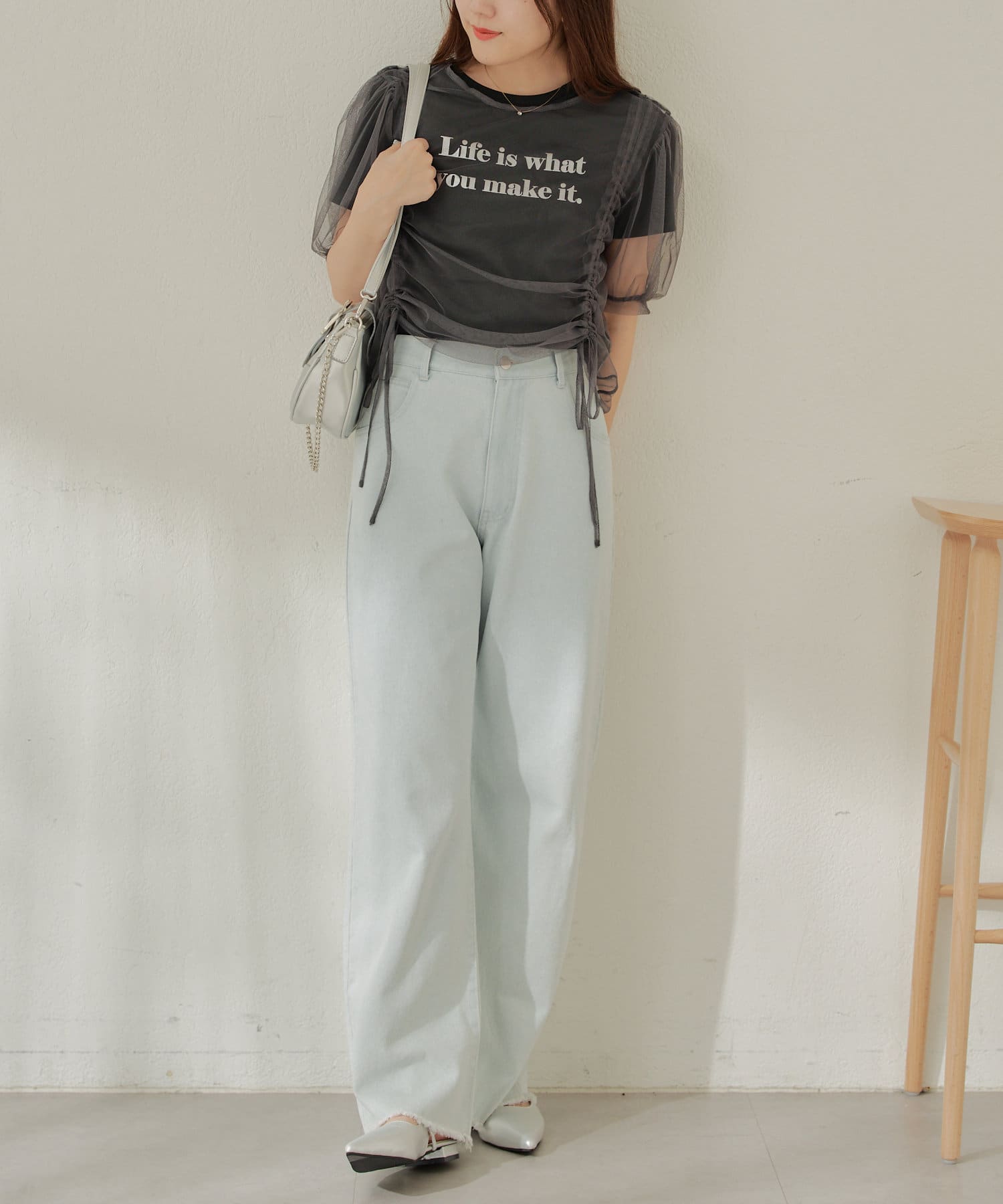 Remind me and forever(リマインドミーアンドフォーエバー) 【2枚SET】チュール＋箔プリントＴシャツ