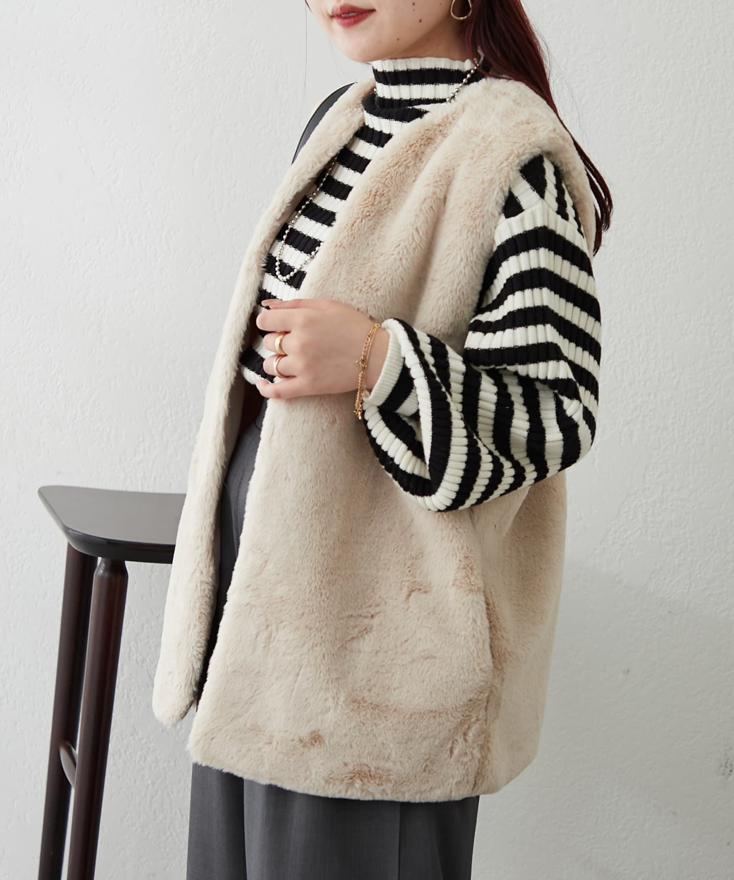 フェイクエコファーロングベスト | Remind me and forever(リマインド