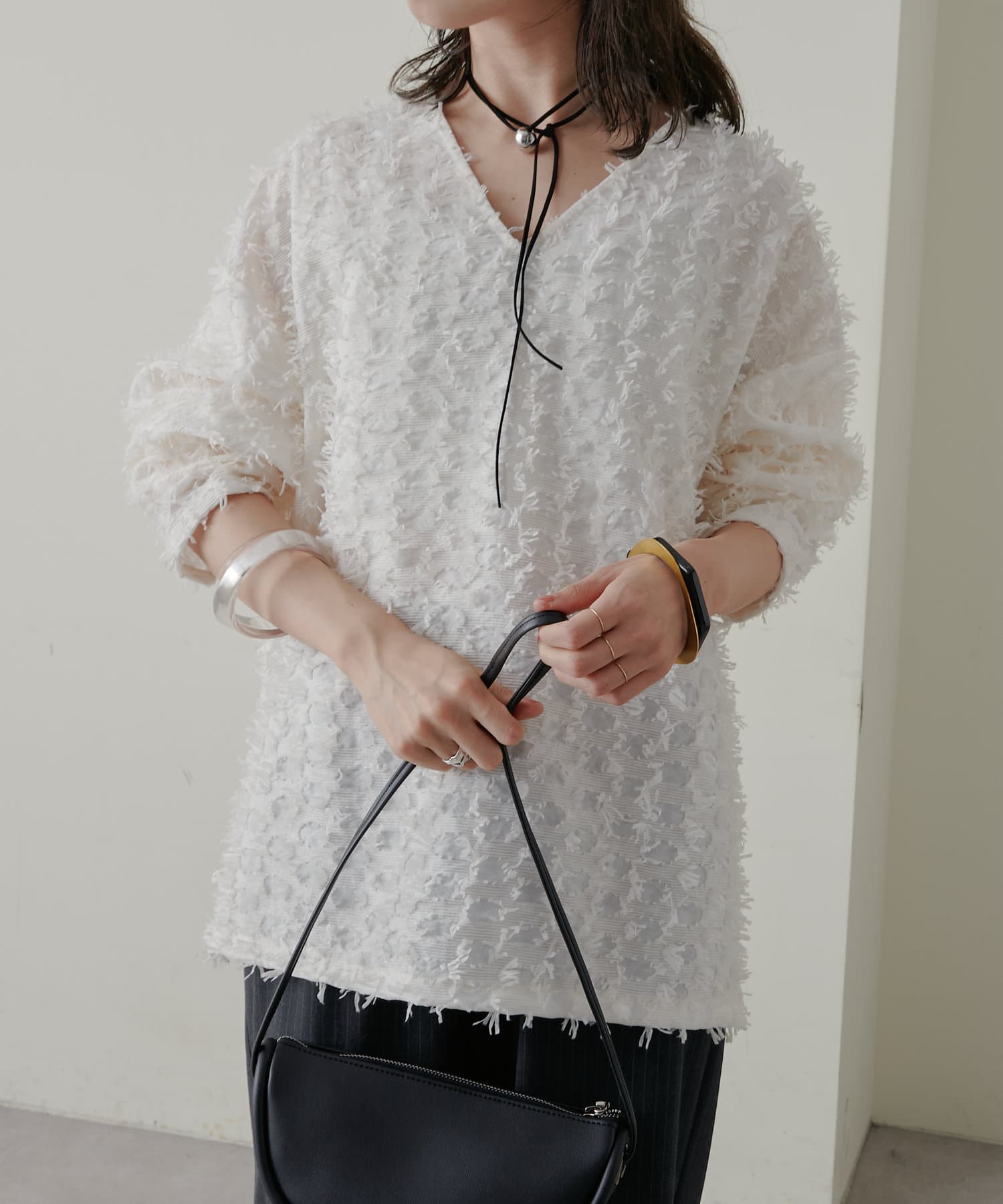 オメカシ　ジャガードフリンジジャケット　ブラック ジャガードフリンジプルオーバー | Omekashi(オメカシ