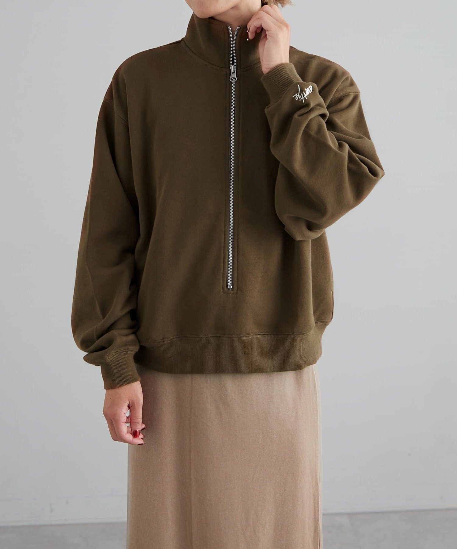 earthy_(アーシー) レディース 【春まで使える！/セットアップ対応】オーガニックコットンハーフZipスウェット オリーブ