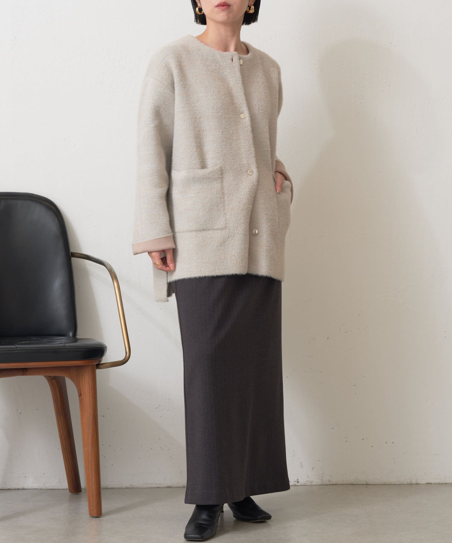 yuni ユニ ノーカラーコート オリーブ super100 wool キナリノ yuni ずるい ユニ ノーカラーコート オリーブ super100 wool