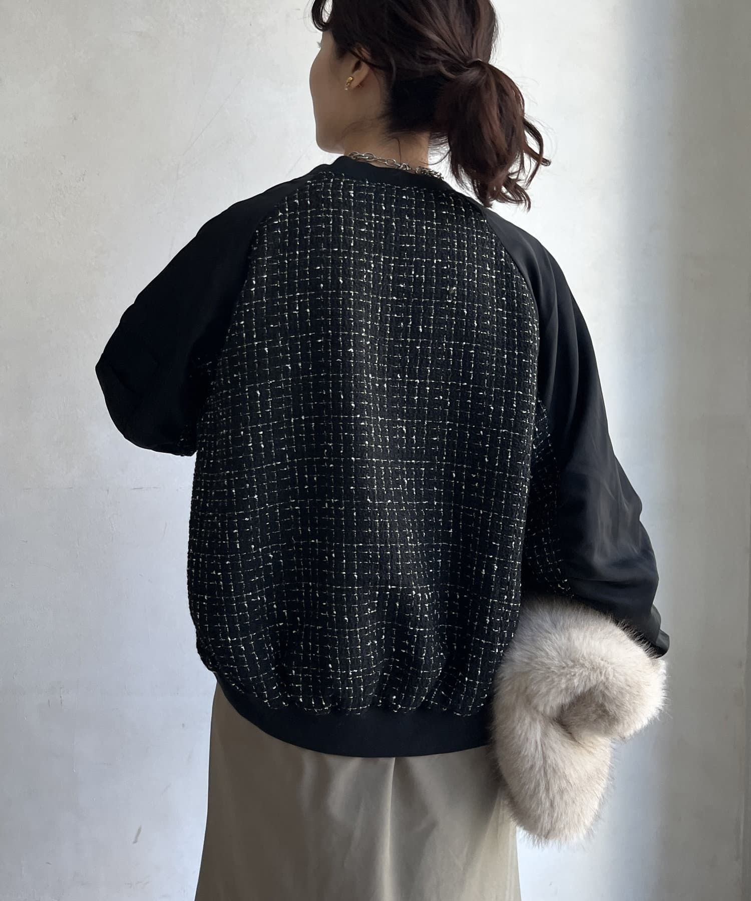 DOUDOU(ドゥドゥ) 【WEB限定】MA-1スリーブツイードブルゾン