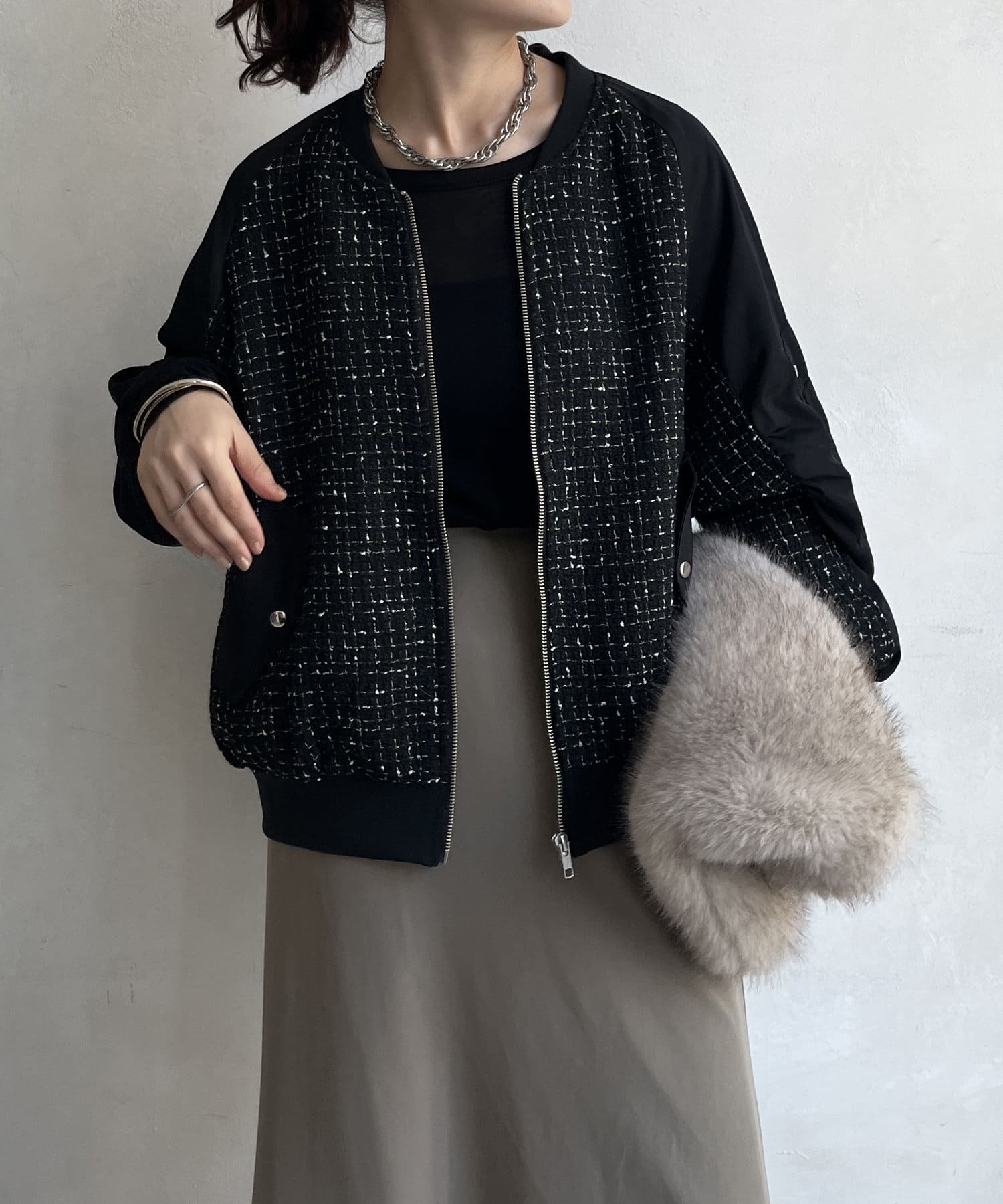 DOUDOU(ドゥドゥ) 【WEB限定】MA-1スリーブツイードブルゾン