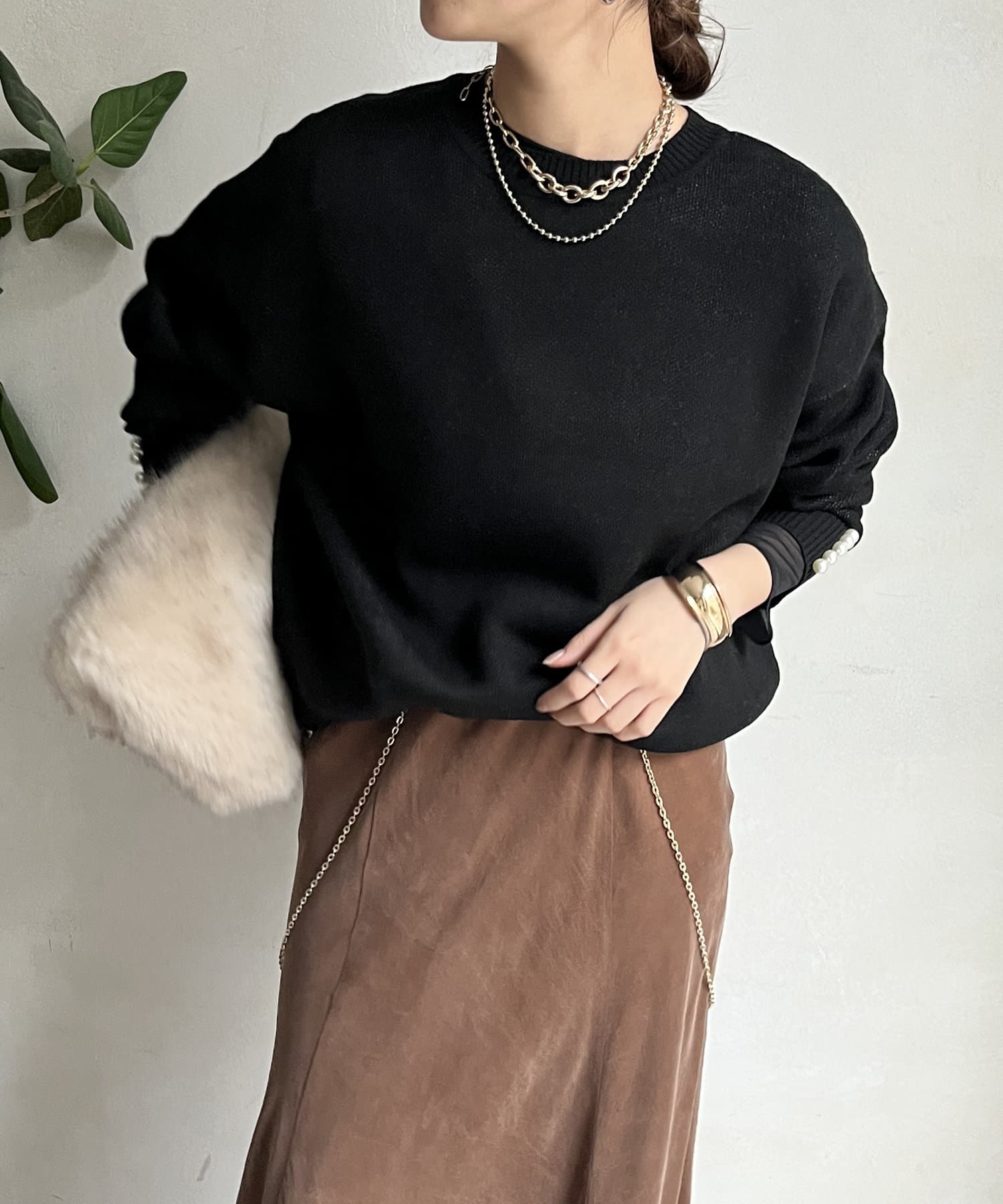 DOUDOU(ドゥドゥ) 【WEB限定】 2WAY袖パールロゴニットトップス