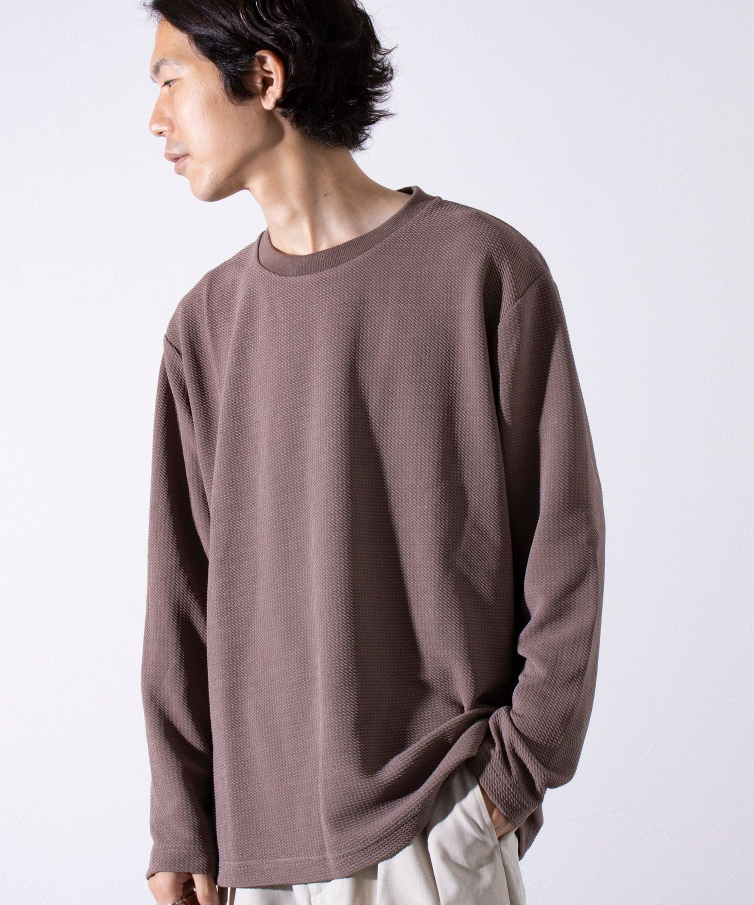 FREDY & GLOSTER(フレディ アンド グロスター) メンズ 【GLOSTER】ふくれジャガード 長袖Tシャツ クルーネック グレイッシュベージュ