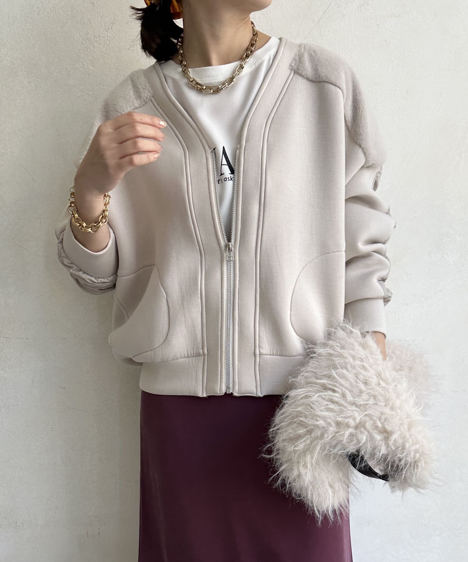 【美品】 DOUDOU 切替シャーリングブルゾン ノーカラー WEB限定】異素材切替袖シャーリングブルゾン | DOUDOU(ドゥドゥ