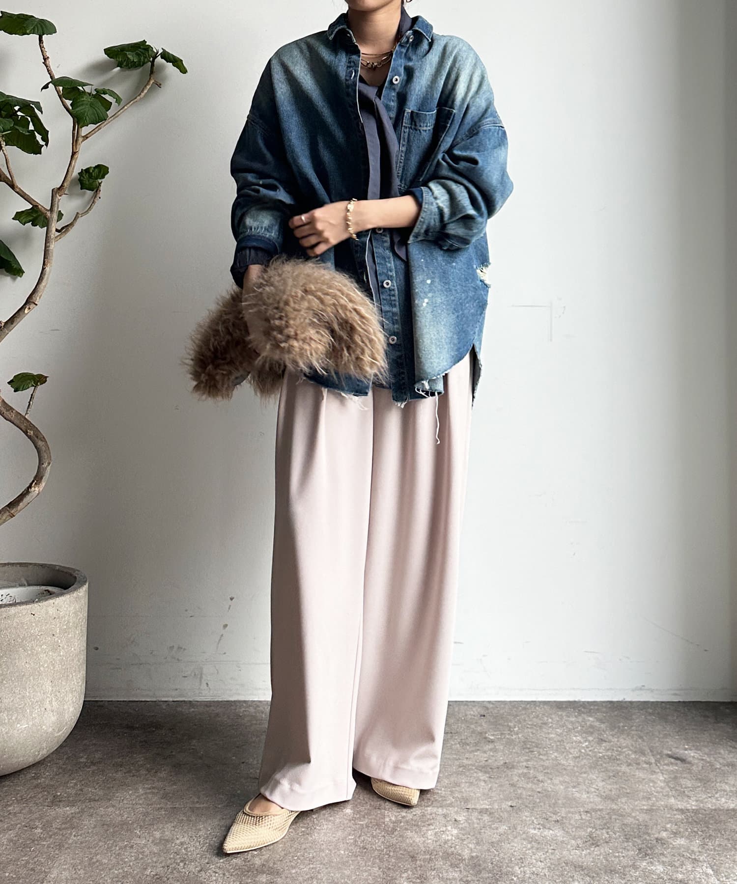 DouDou スラックス パンツ タックワイドパンツ レディース