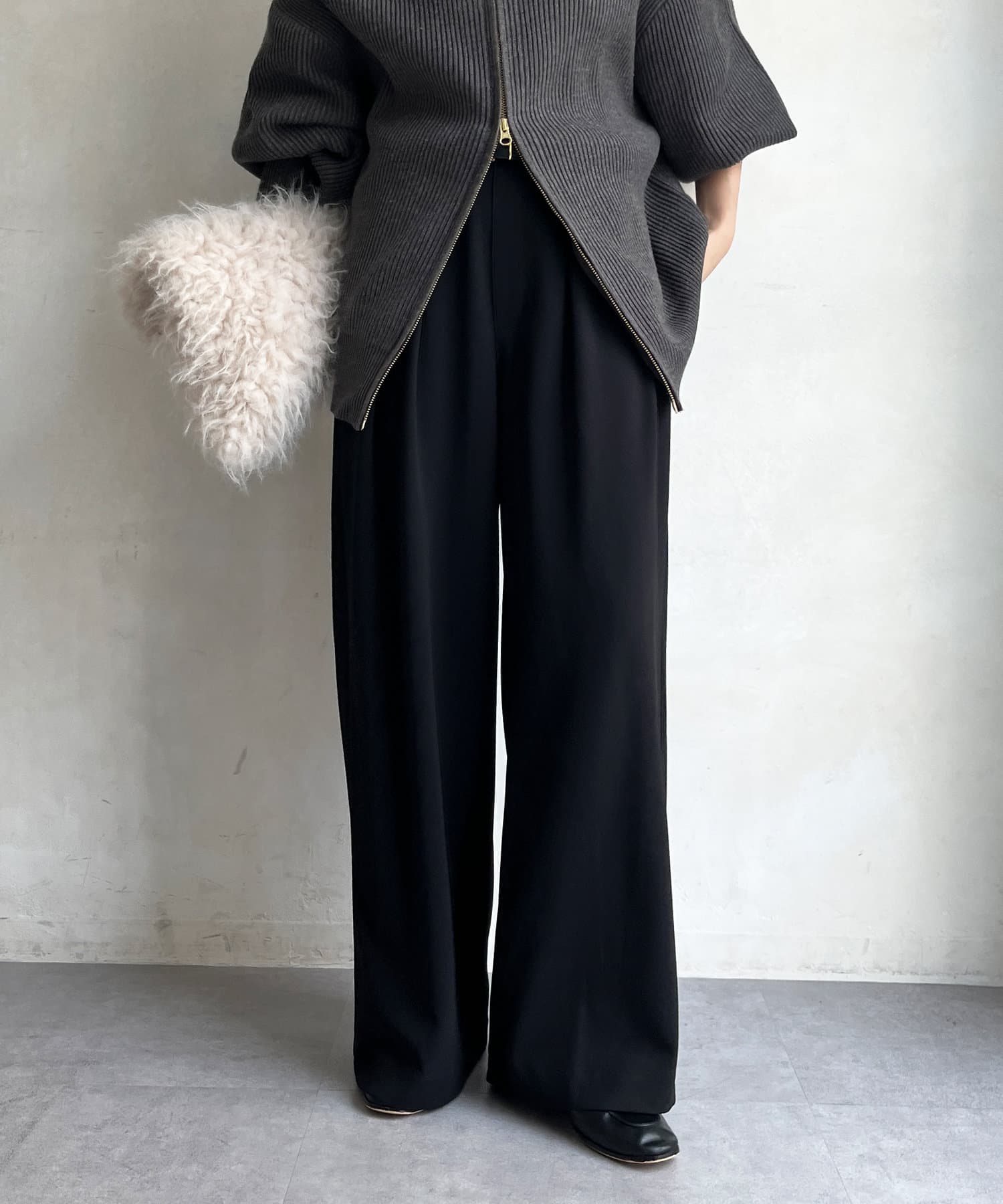 DOUDOU(ドゥドゥ) ボンディングジョーゼットタックワイドパンツ