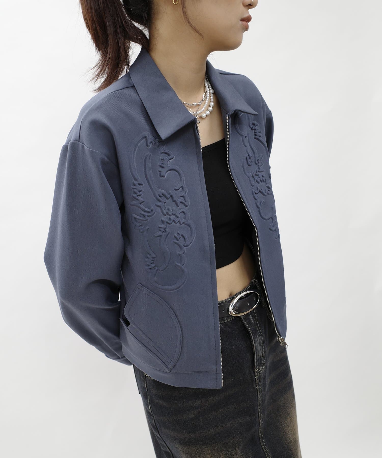 ジャケット エンボスデザインショートジャケット ブラック エンボス加工フェイクレザージャケット - ダークオリーブ | ZARA