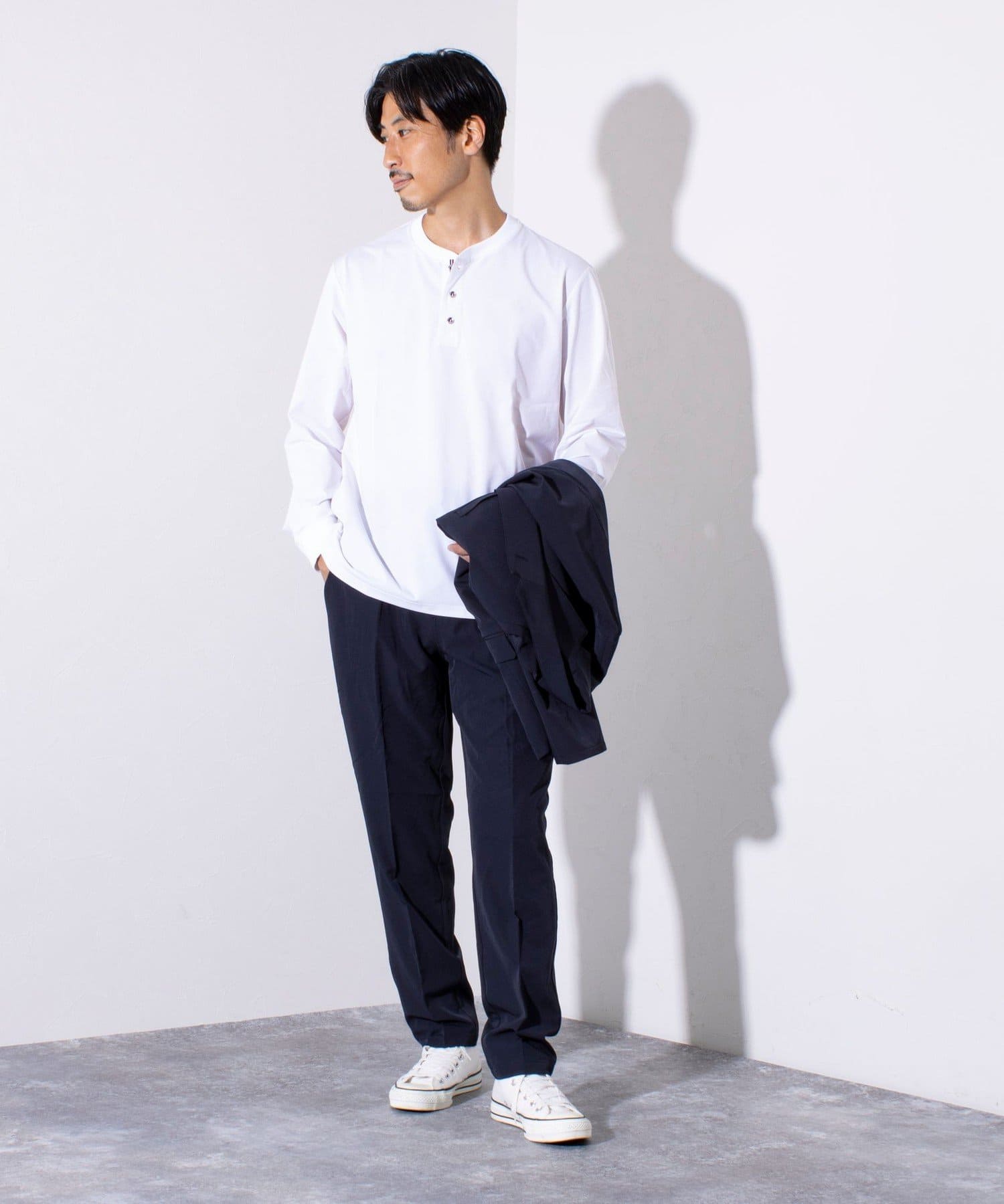 GLOSTER】パラシュートボタン ヘンリーネック 天竺 長袖Tシャツ ロンT
