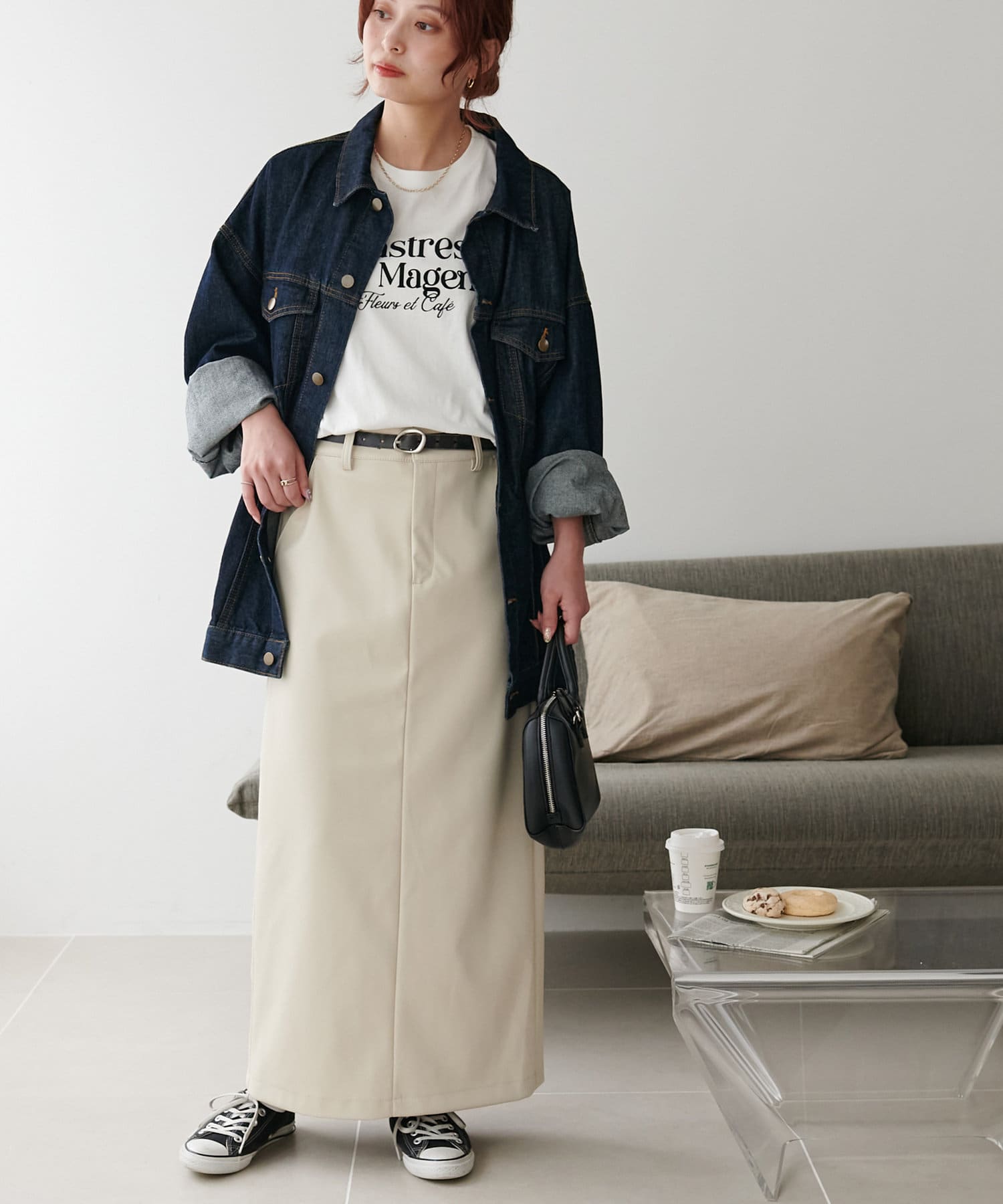 ストレッチあり/3サイズ展開】フェイクレザーナロースカート | DISCOAT  