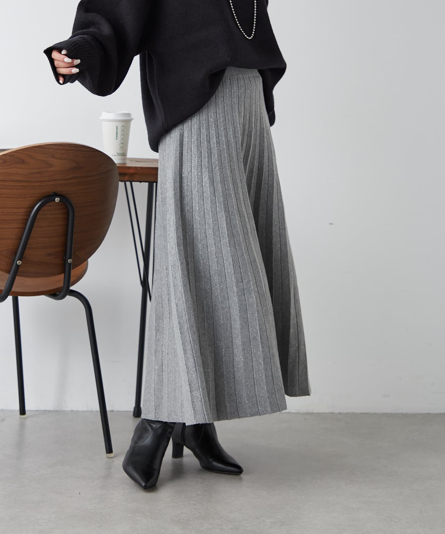 loungedressストライプラメプリーツスカート｜ロングスカート 