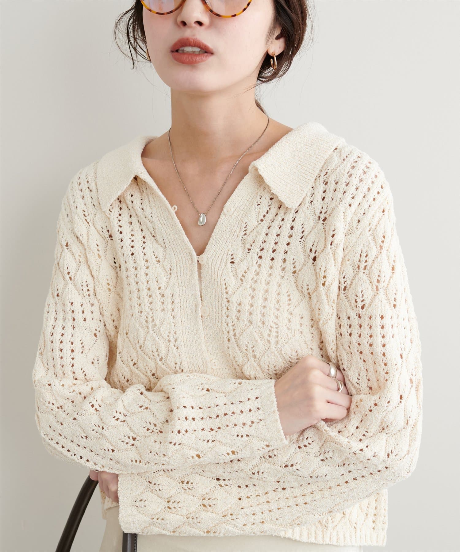 WEB限定】透かし編み衿付きニットカーデ | natural couture