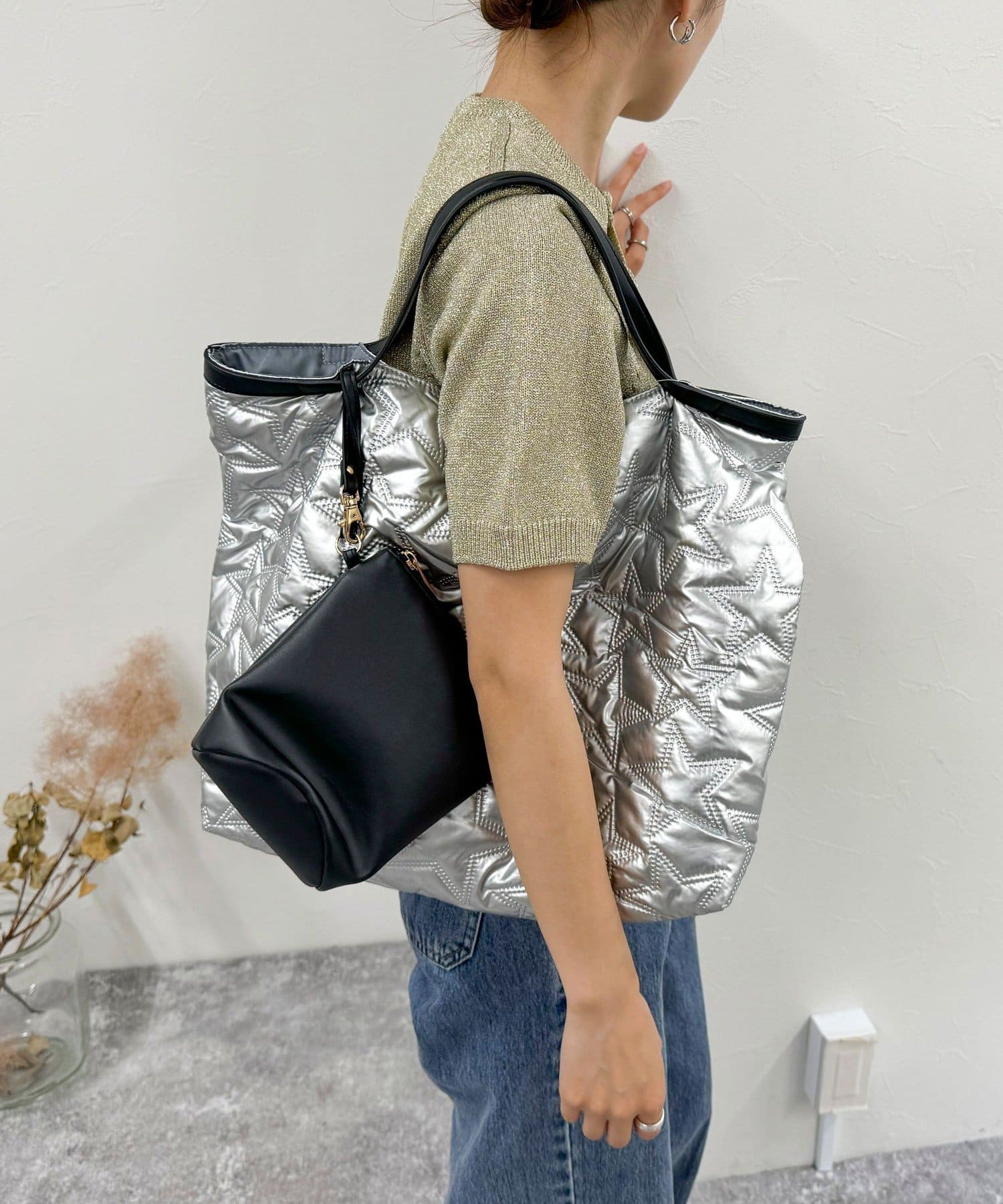 LeSportsac】トートバッグ キルティング シルバー ポーチ付き ポーチ 