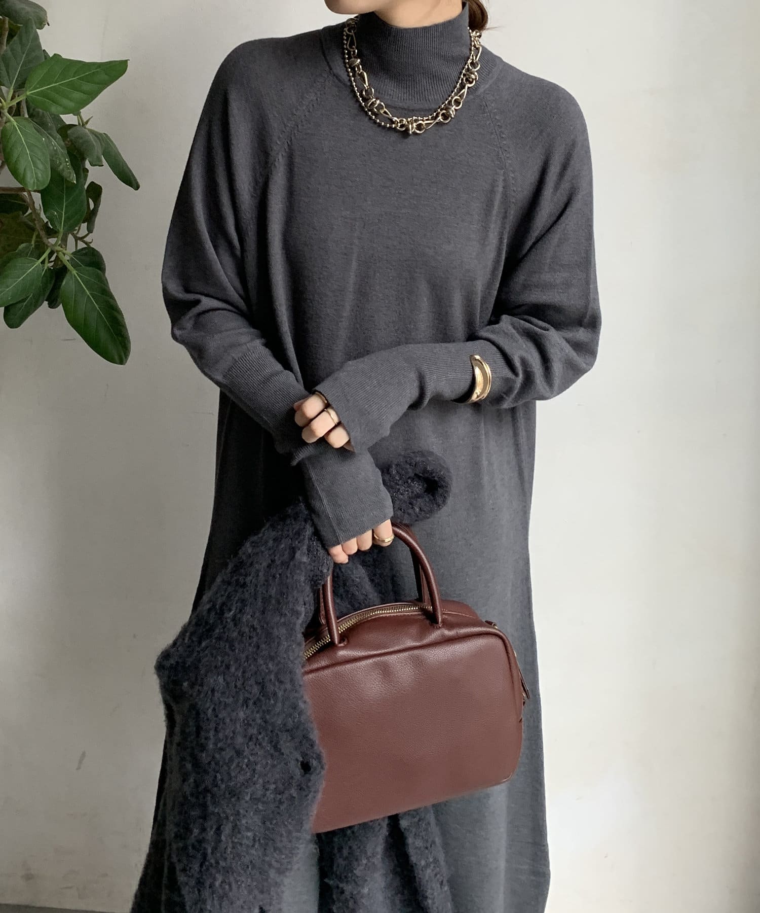 DOUDOU(ドゥドゥ) 【WEB限定】起毛加工ショートカーディガン＋タートルワンピースセット