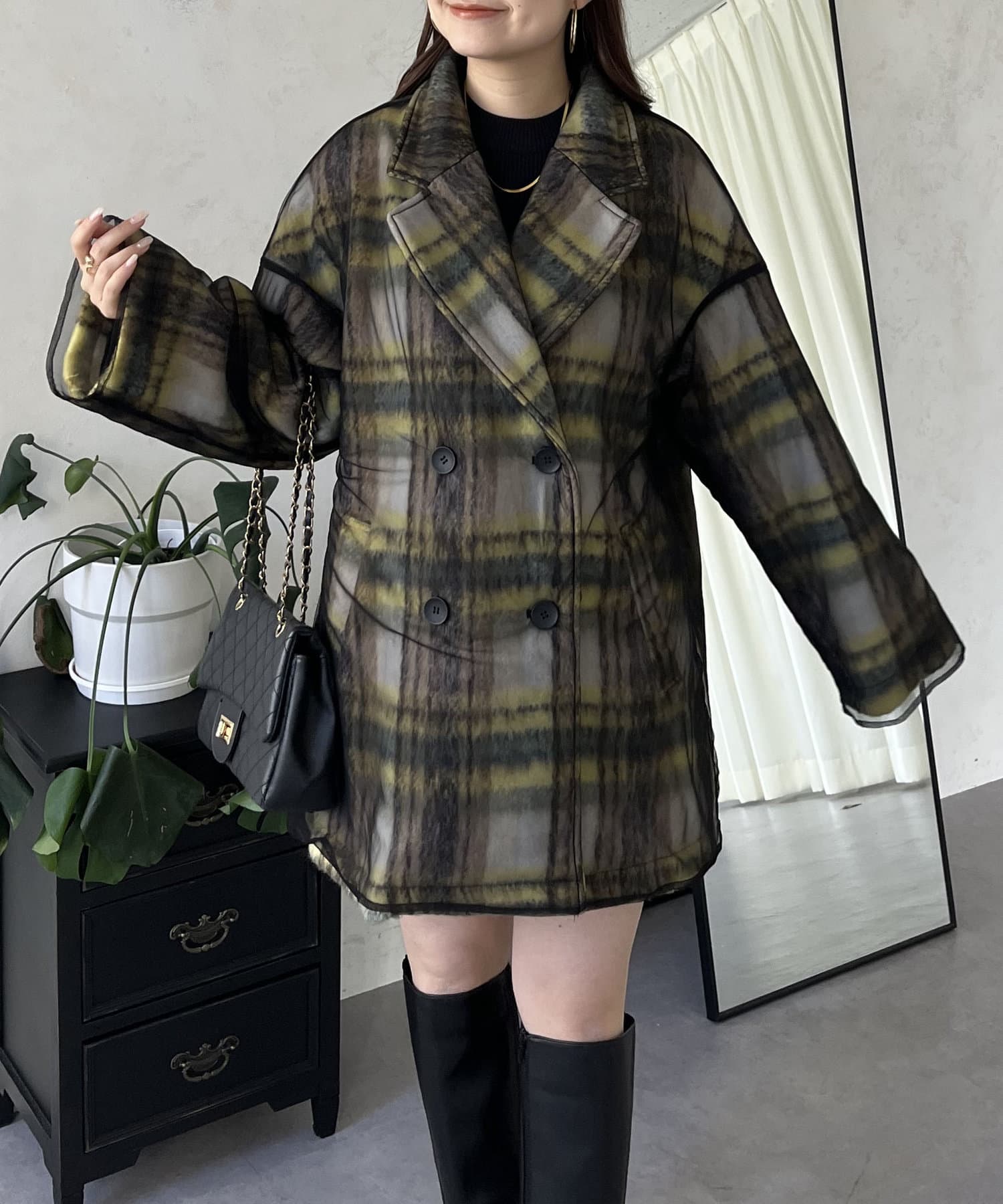 セール】シャギーチェックチュールレイヤードPジャケット
