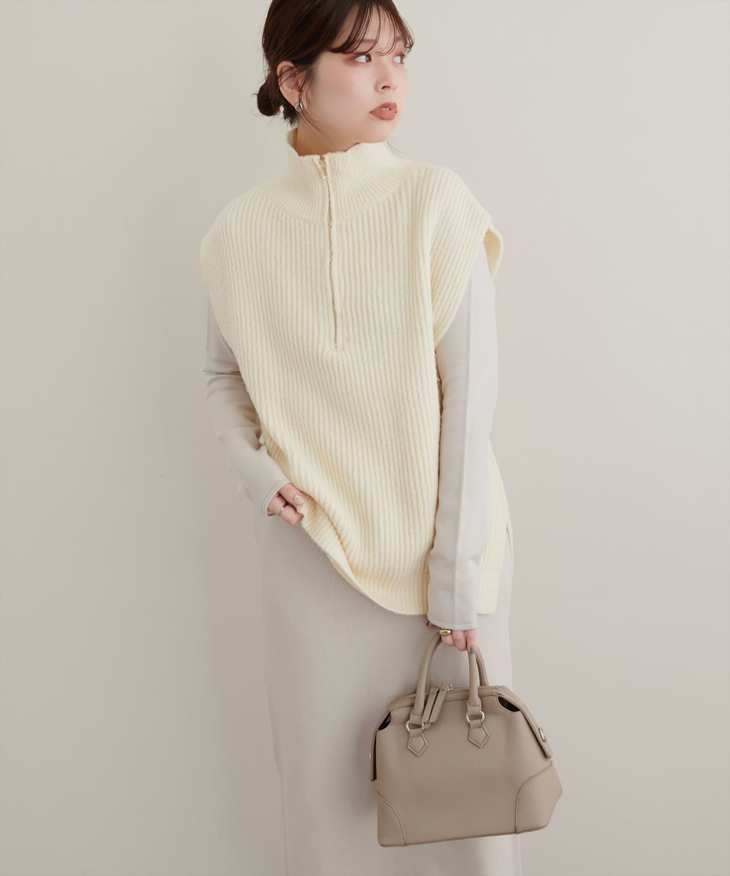 ハーフZIPベスト＋クルーネックニットワンピースSET | natural