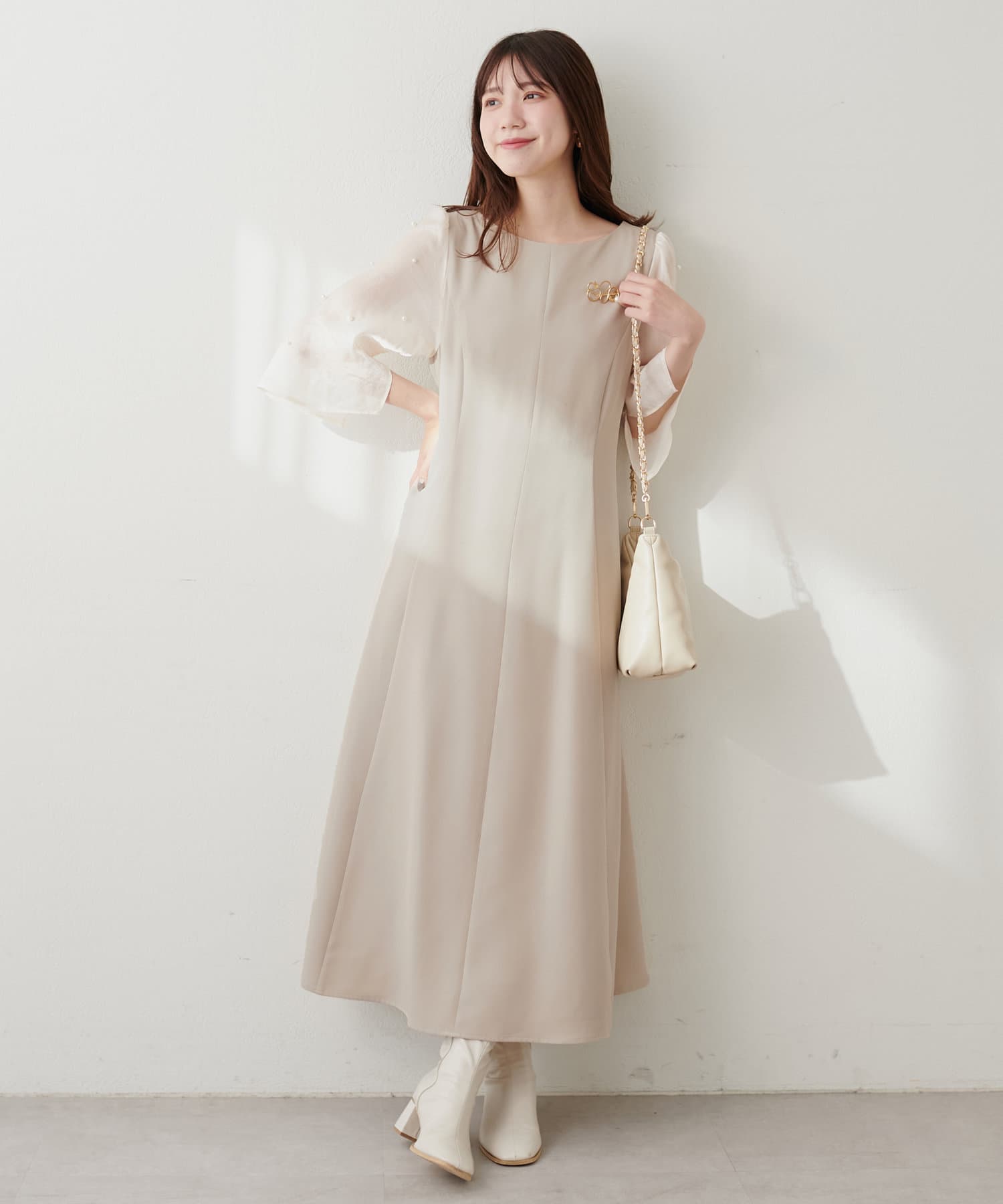 osono 袖パール back丸かんベルト観劇ワンピース natural couture】osono袖パールバック丸かんベルト観劇