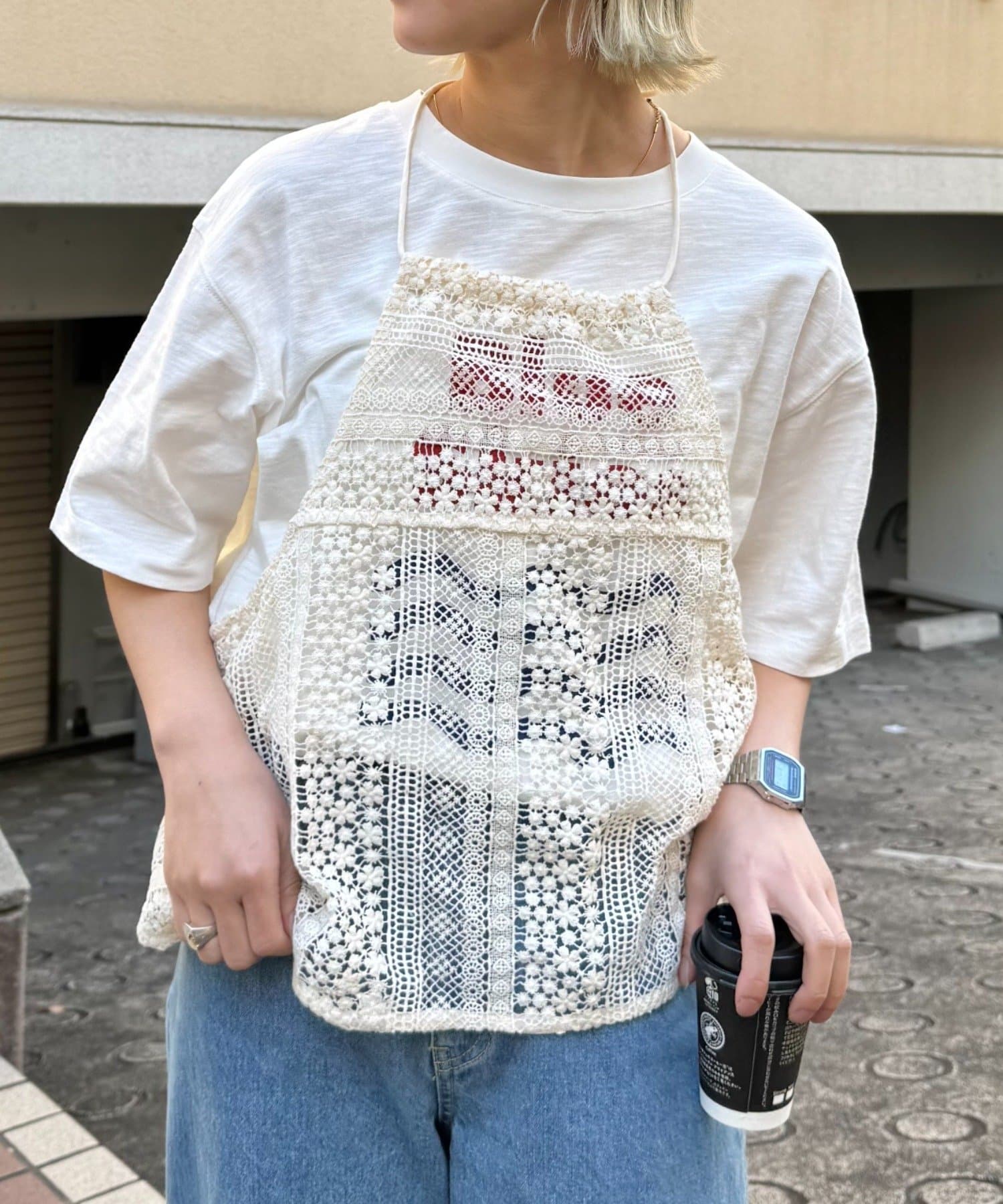 フローラル刺繍綿レースエプロン・パッチワークエプロン#32