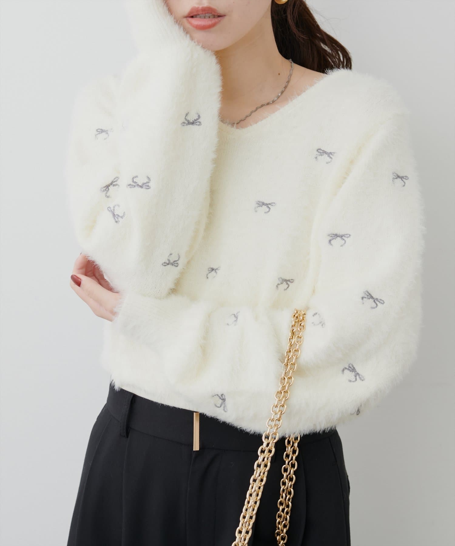 ANNA MOLINARI COUTURE リブ リボン ニット D continuer de NICE CLAUP/袖口リボンニット｜NICE CLAUP/OLIVE