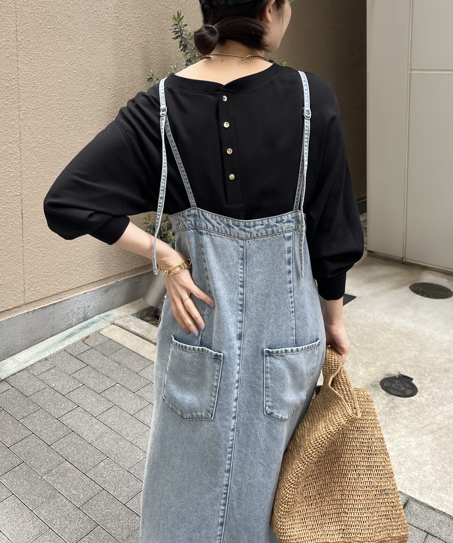 DOUDOU(ドゥドゥ) 【シーズンレスに着られる】袖リブバックボタンジョーゼットプルオーバー