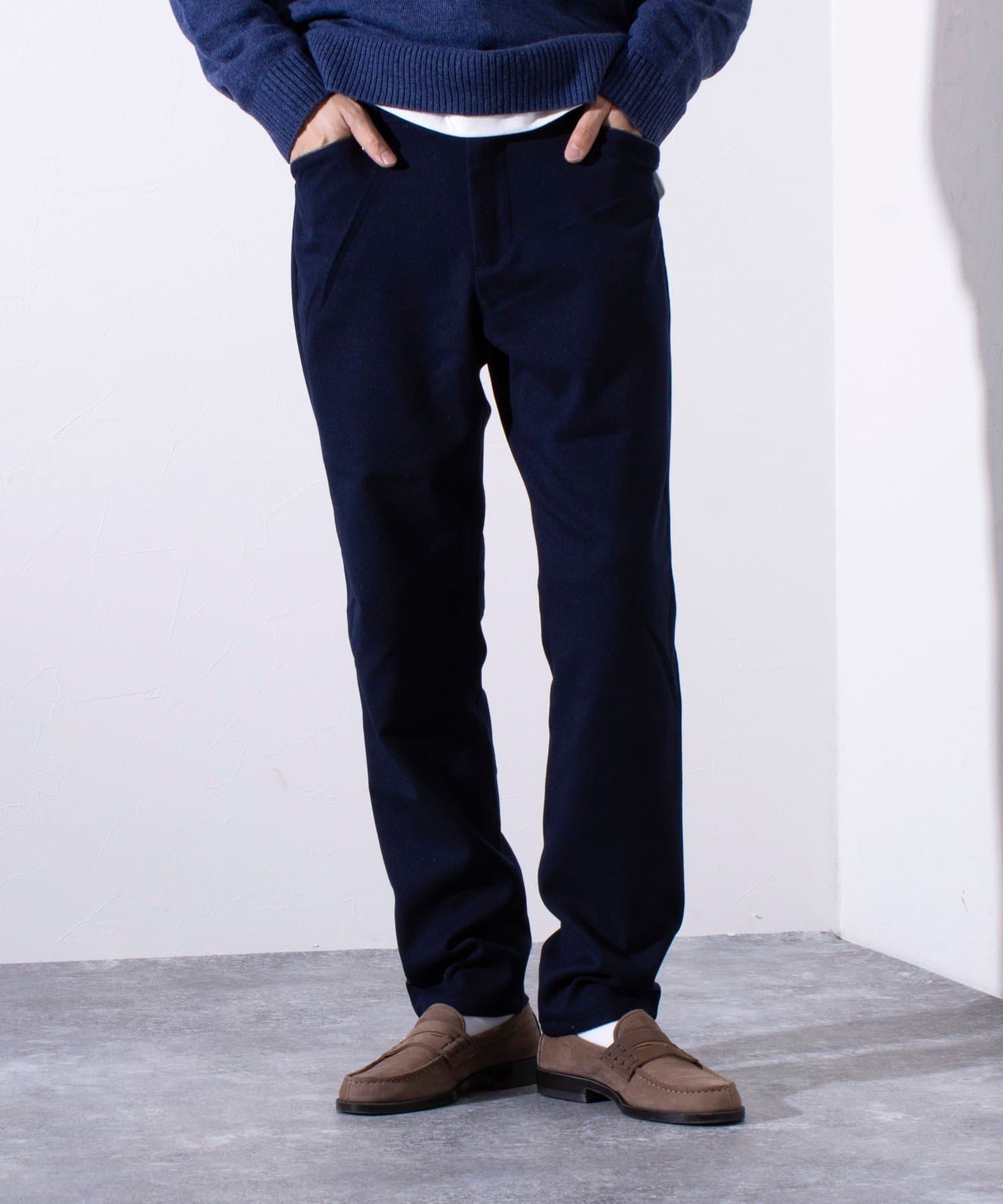 ビジカジ対応】ウールライク L字型 パイピング ポケット スリムパンツ