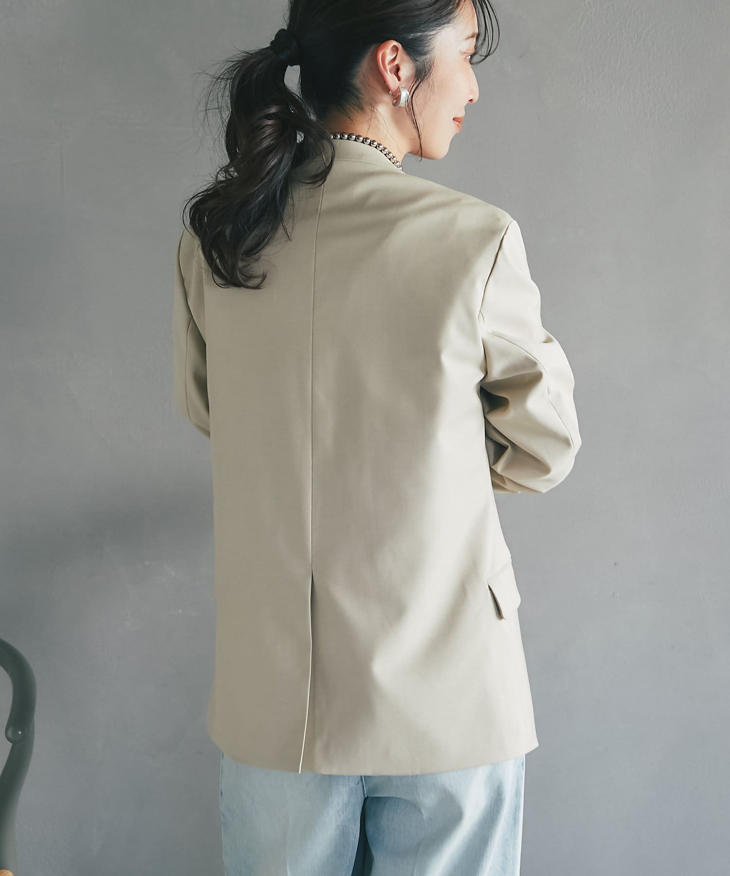 すっきり見え】ノーカラーダブルジャケット | La boutique すっきり見え】ノーカラーダブルジャケット | La boutique