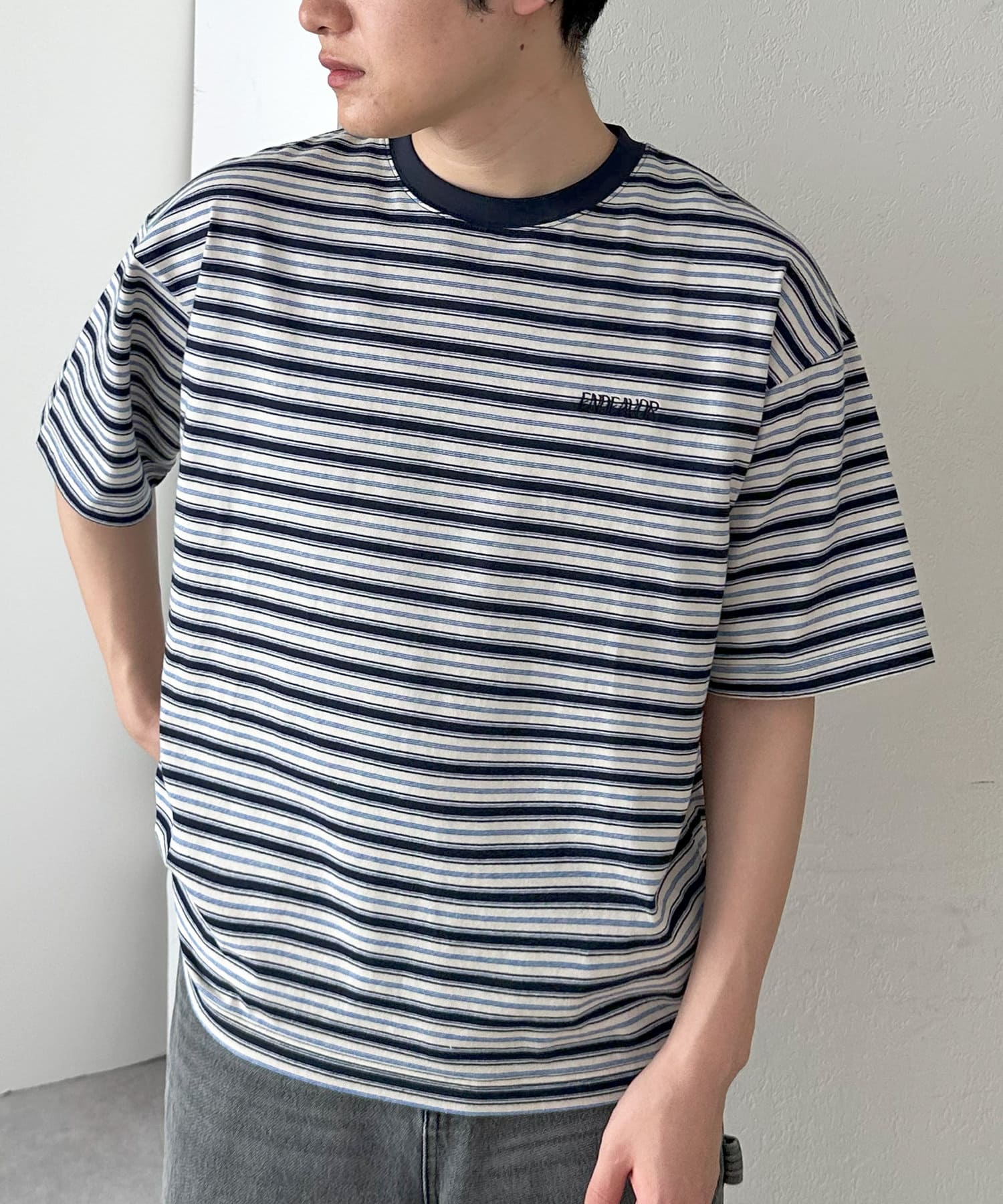 DISCOAT(ディスコート) レディース 【ユニセックス】ワンポイント刺繍ボーダーリンガーTシャツ ブルー