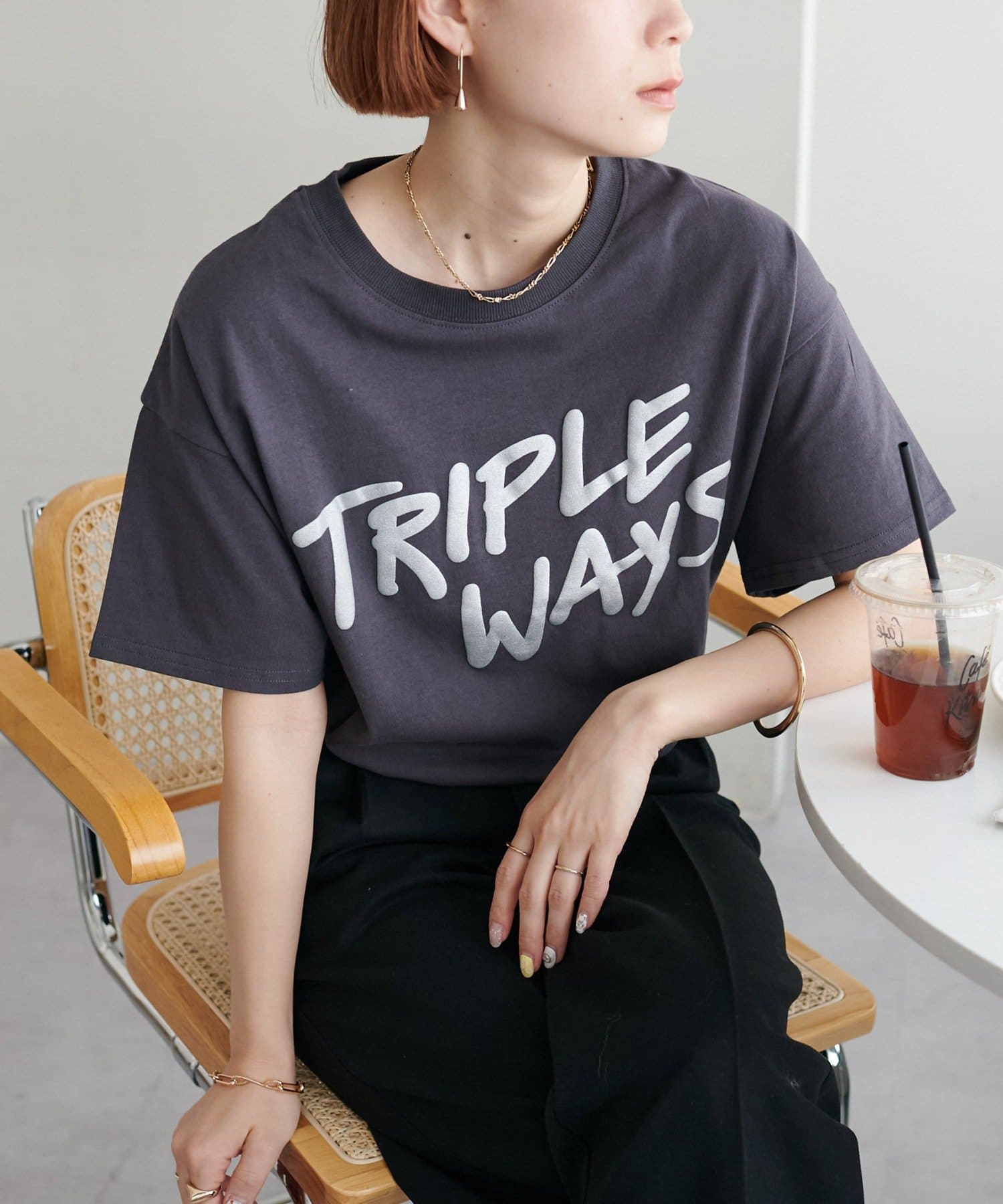 DISCOAT(ディスコート) レディース 【WEB限定】TRIPLEフクレプリントTシャツ チャコールグレー