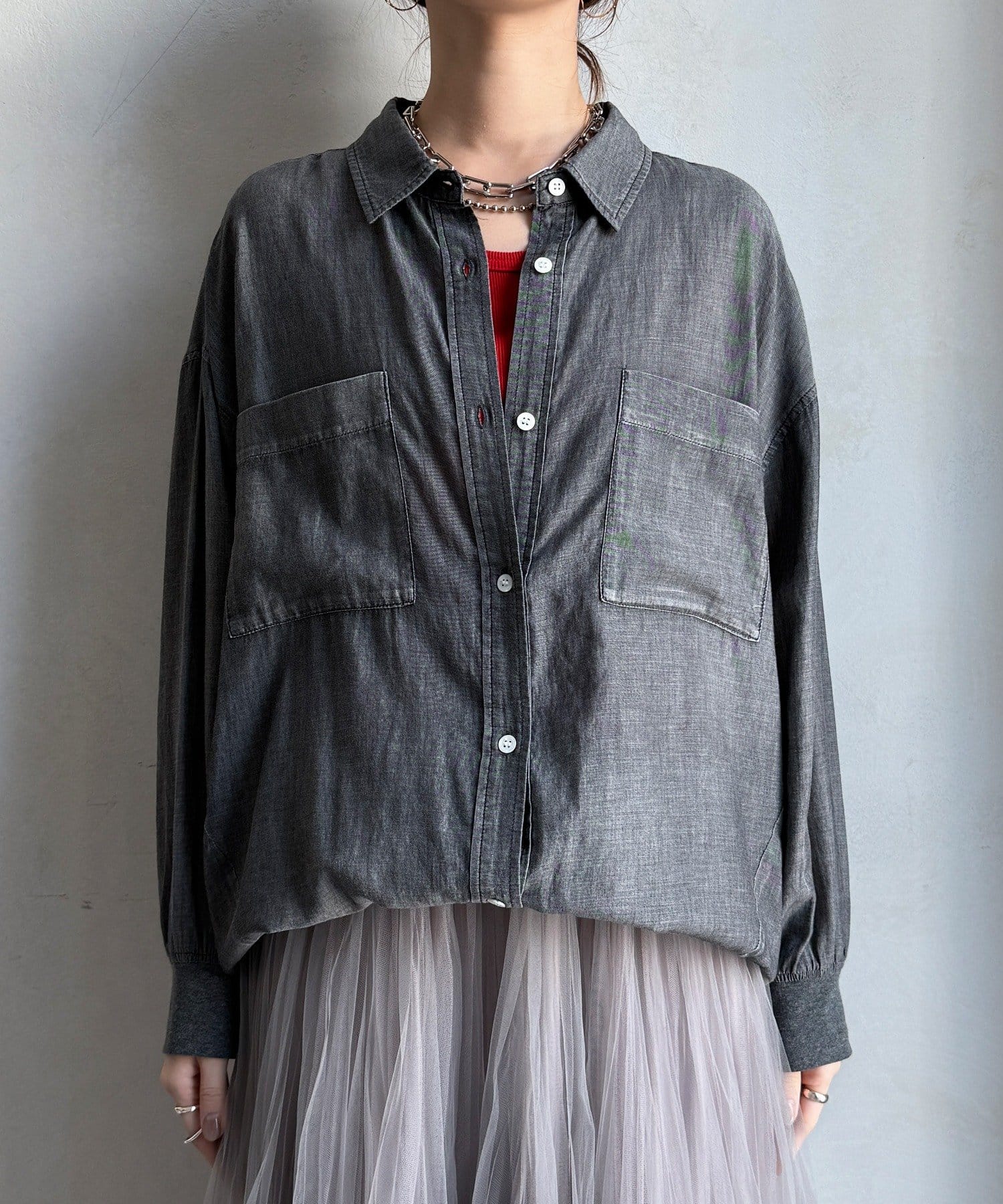 DOUDOU(ドゥドゥ) 【累計販売数7000枚突破！】【透けデニムシャツ】袖リブシアーデニムシャツ