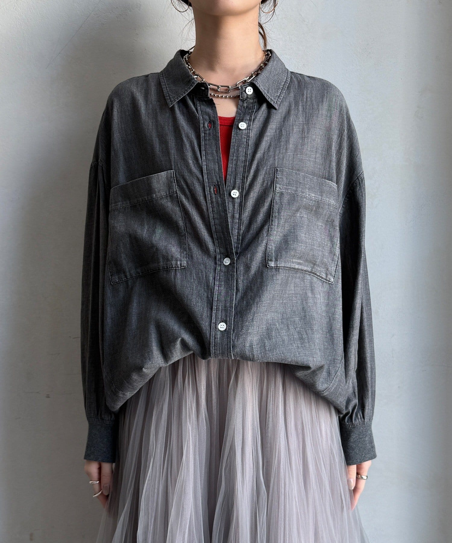 DOUDOU(ドゥドゥ) 【累計販売数7000枚突破！】【透けデニムシャツ】袖リブシアーデニムシャツ