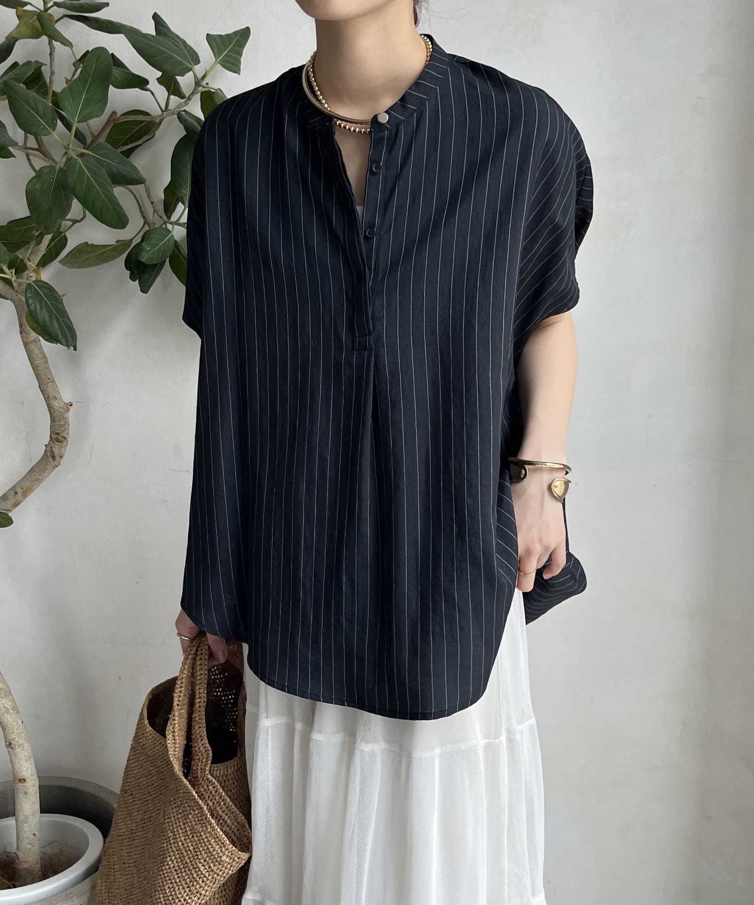 DOUDOU(ドゥドゥ) 【WEB限定】タンブラーブッチャーストライプ袖ギャザーシャツ