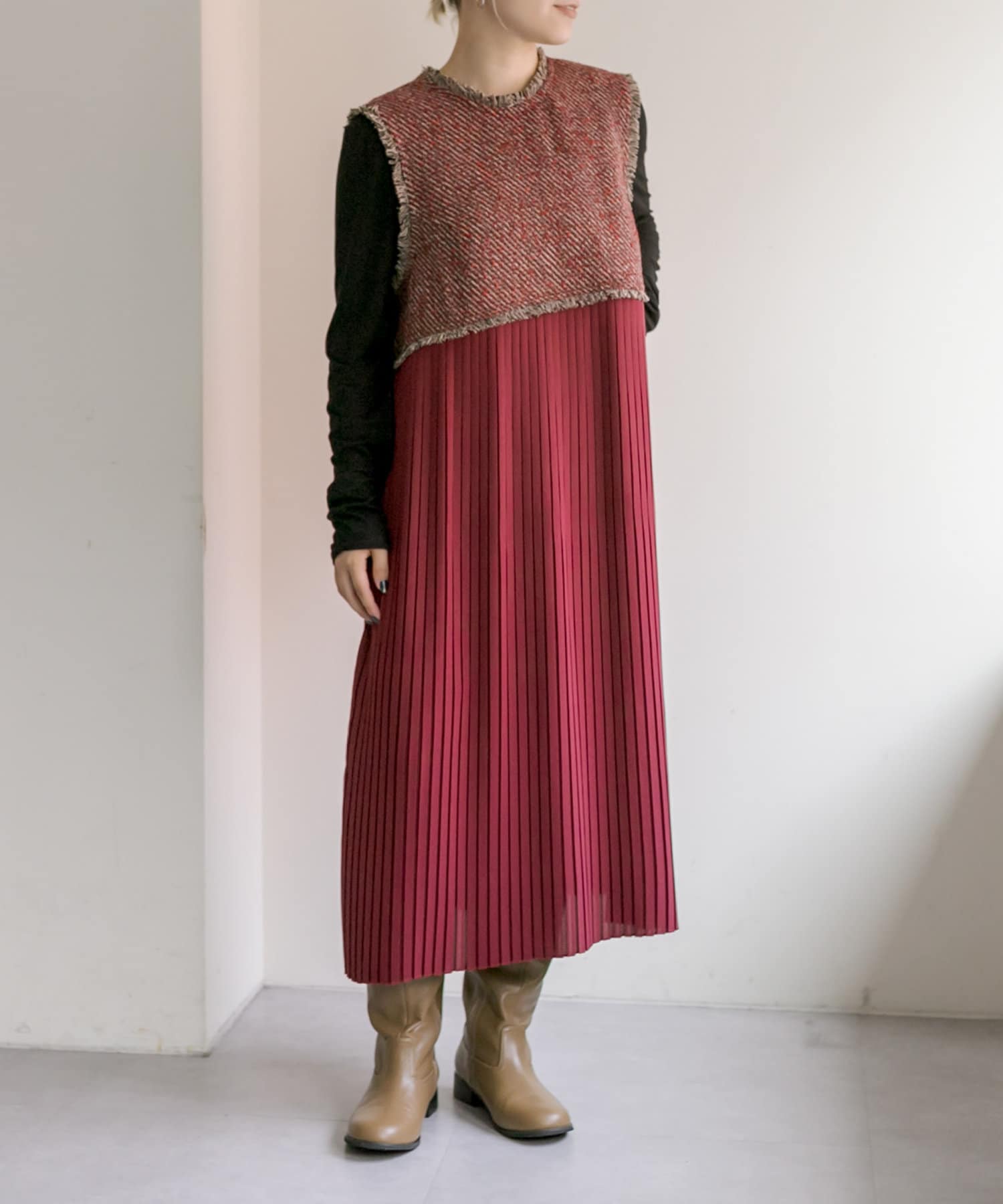 サンドロ Edmee Houndstooth 上品 ネックりぼん ツイード ワンピ ハートネックチェックツイードワンピース(504994036) | SWINGLE
