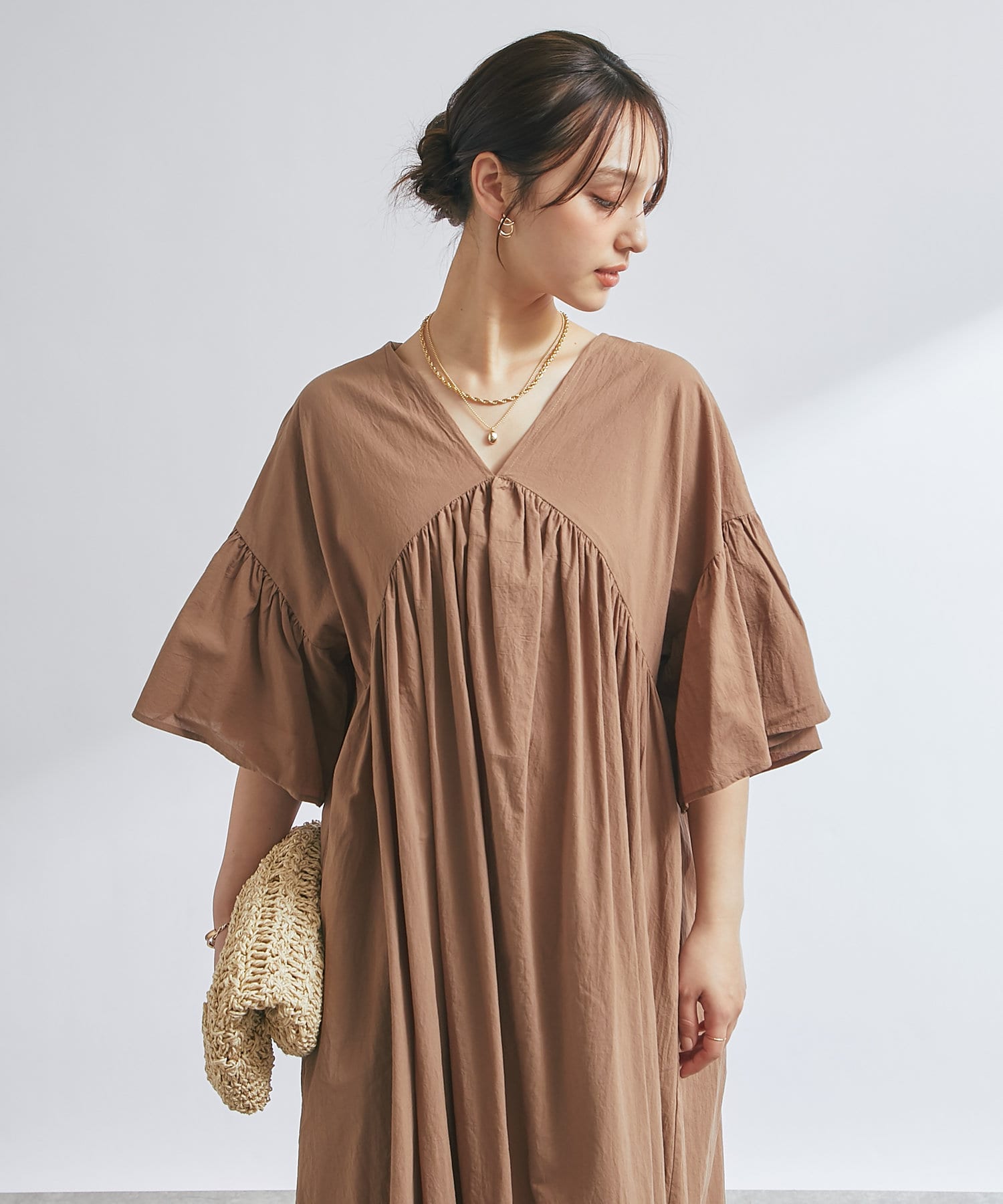 アナイ ギャザーワンピース ジョーゼット 半袖 ブラウン フレア 38 美品✨ アナイ ギャザーワンピース ジョーゼット 半袖 ブラウン