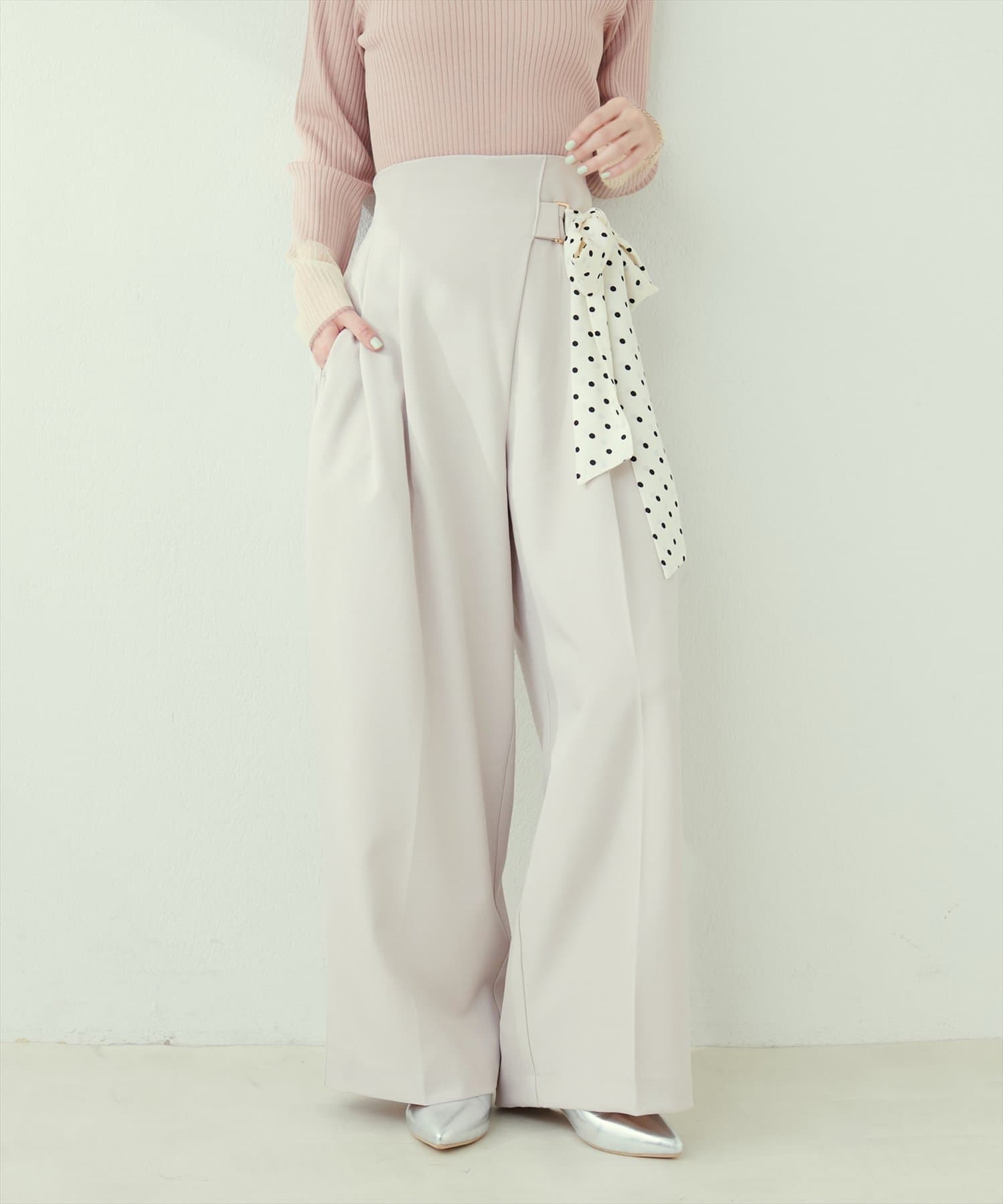 あぢゅ natural couture ウエストリボンタックパンツ natural couture パンツ ウエストリボンタックパンツ レディース