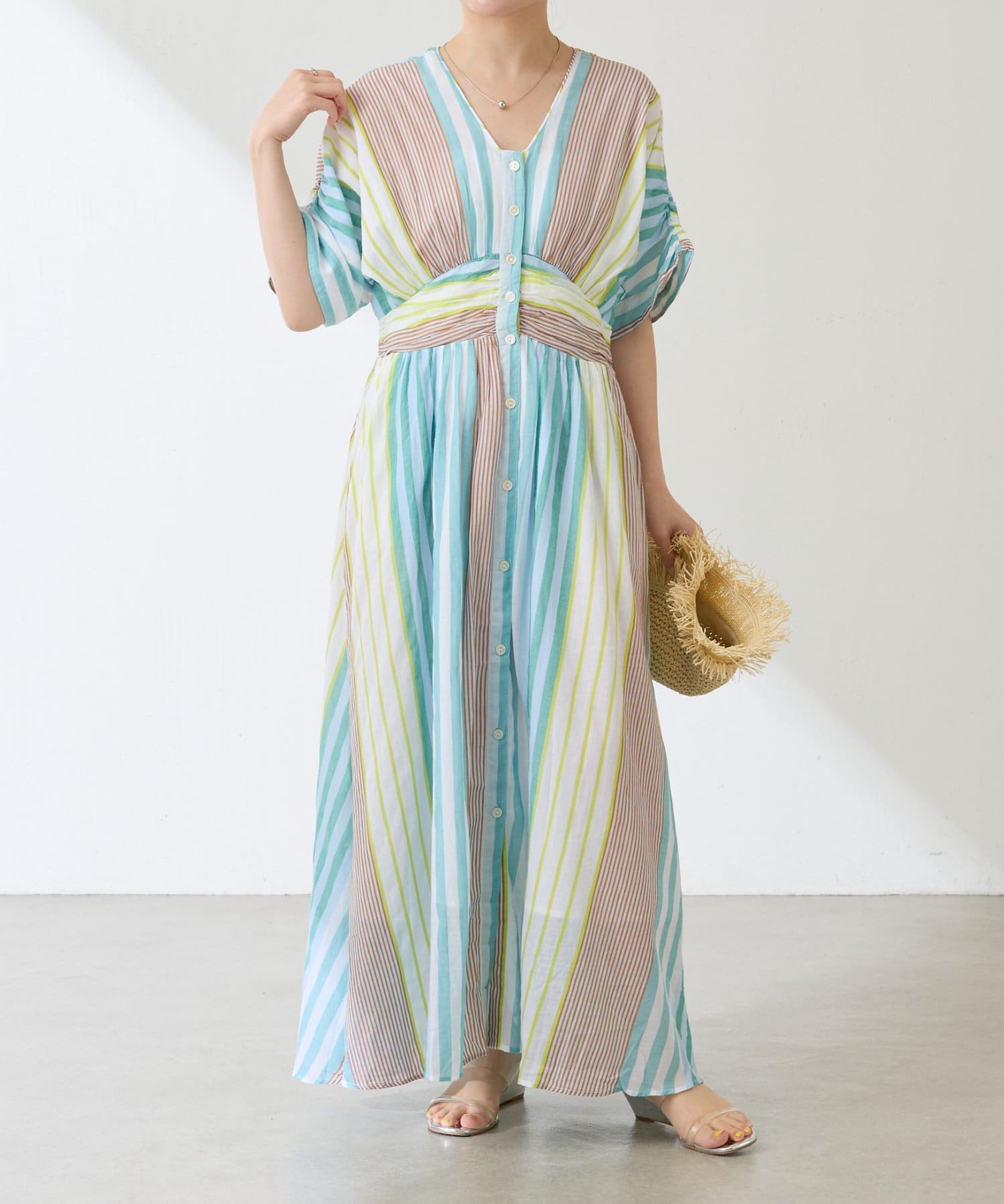 ne Quittez pas 緑と白のストライプワンピース セール】ne Quittez pas / ヌキテパ COTTON VOILE STRIPE WAIST