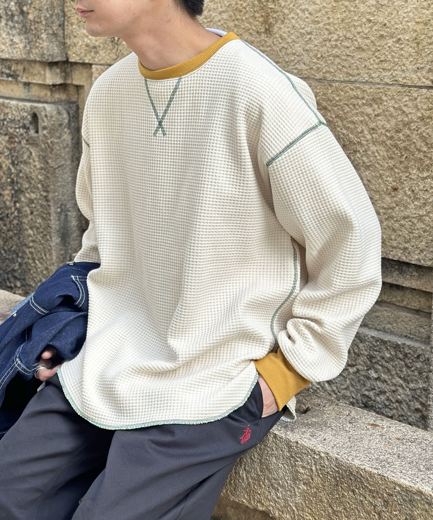 CPCM(シーピーシーエム) リブ配色ステッチワッフルプルオーバー