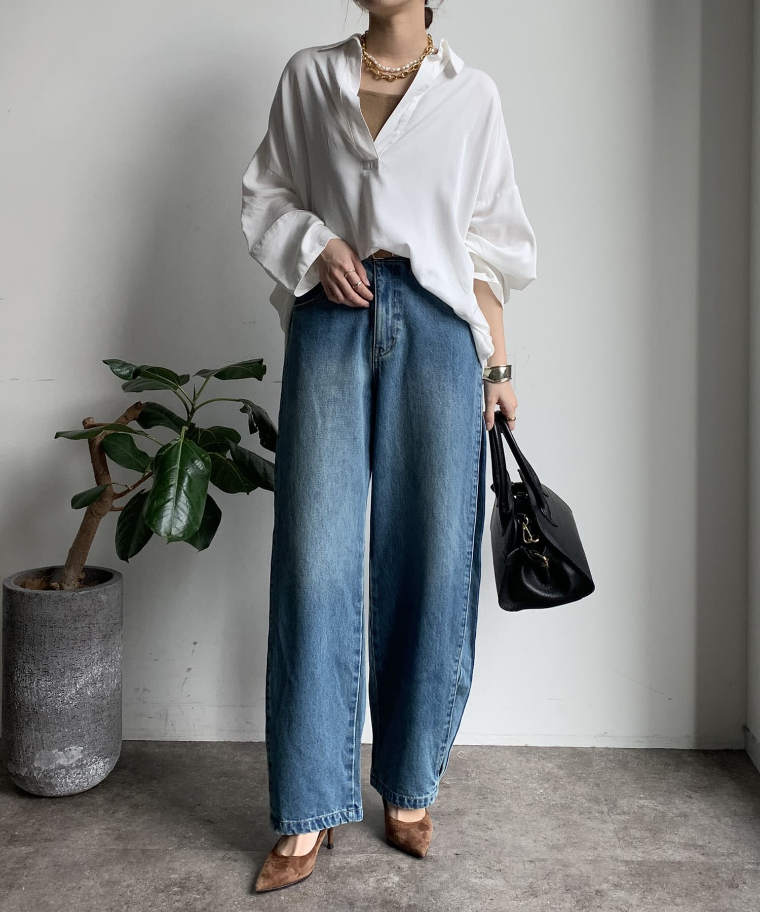 【新品】DouDou ドゥドゥ ペイントタックデニム ワイド ジーンズ 38 細見え/4サイズ展開】デニムタックワイドパンツ | DOUDOU