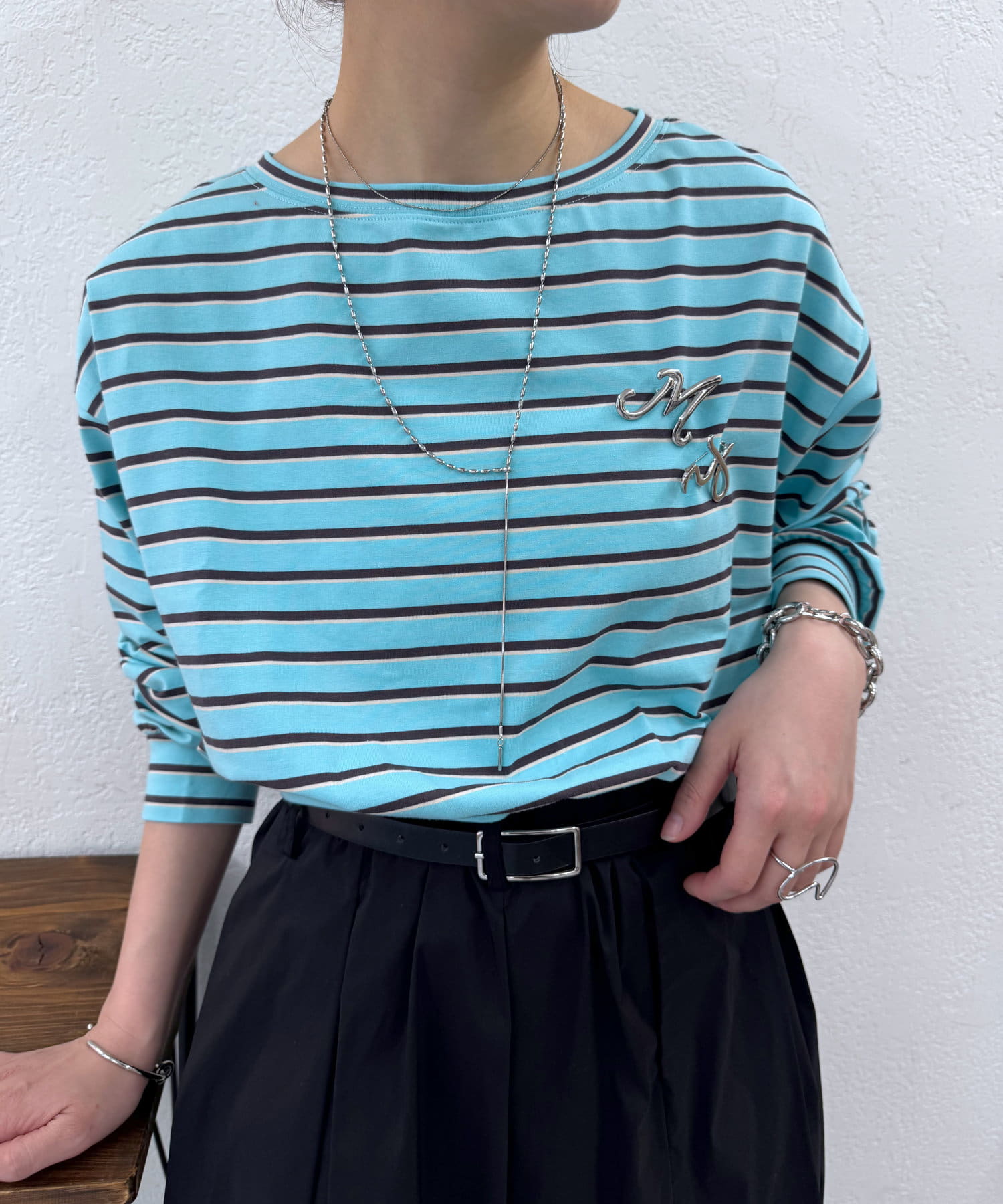 mystic（ミスティック）の「肩開きボーダーロングTシャツ（T
