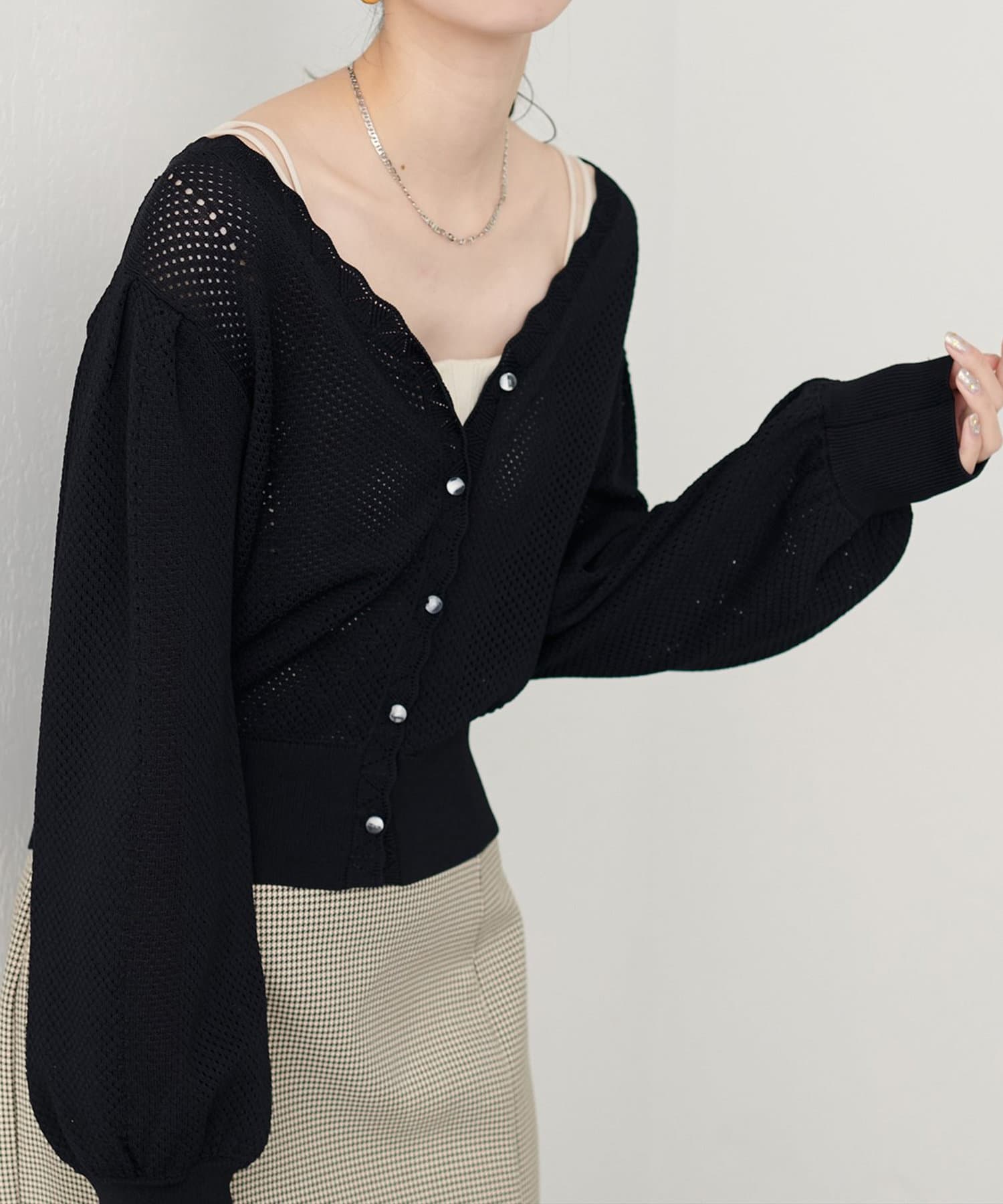 NICE CLAUP / OLIVE des OLIVE OUTLET(ナイスクラップ  / オリーブ デ オリーブ アウトレット) 【natural couture】メッシュ編みクリア釦長袖カーデ