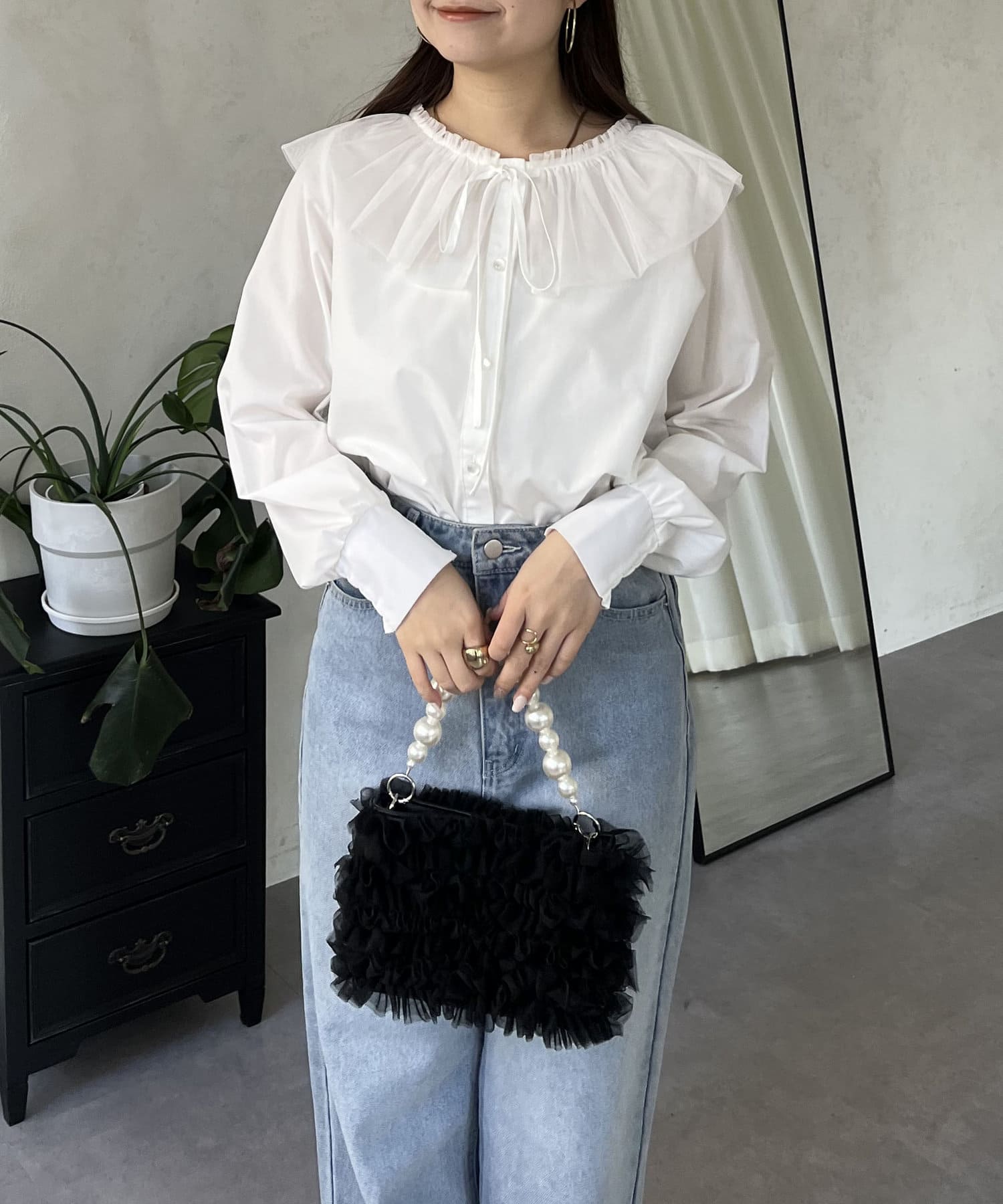 チュールフリルブラウス ボリューム袖×カッティングカーブドレス セット販売 forksy.】【オケージョン対応】ボリュームチュールフリル袖