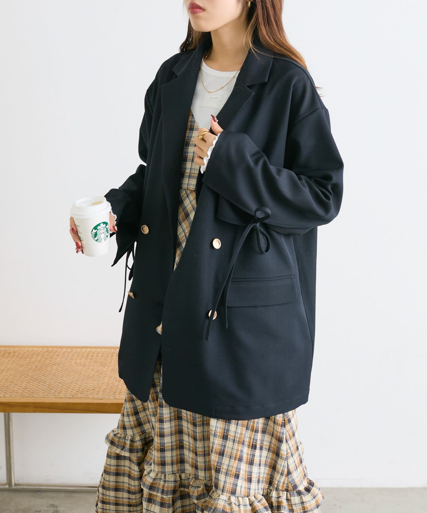 w closet(ダブルクローゼット) レディース 袖リボンBIGテーラードジャケット ネイビー