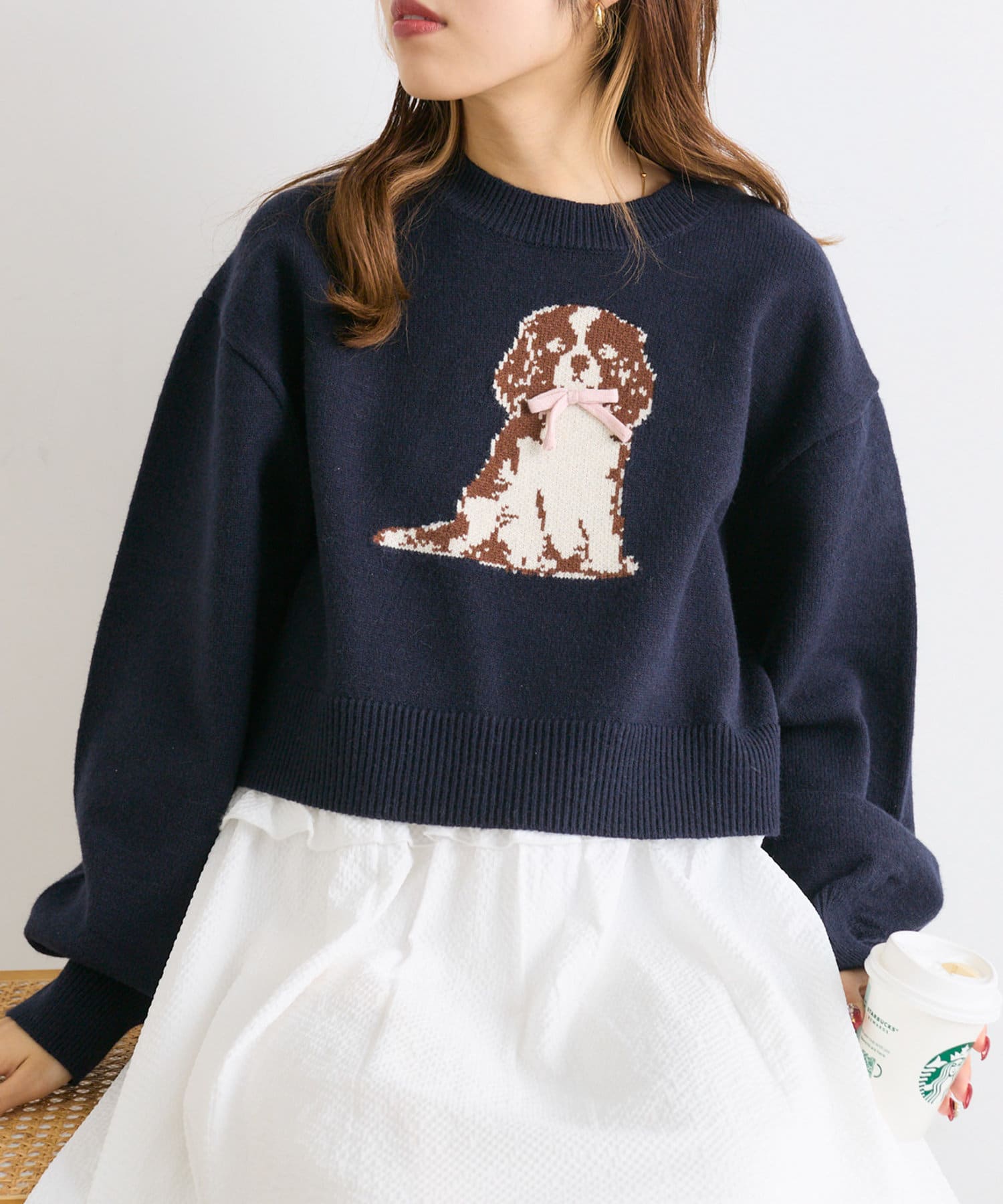 w closet(ダブルクローゼット) レディース DOGショートニット ネイビー