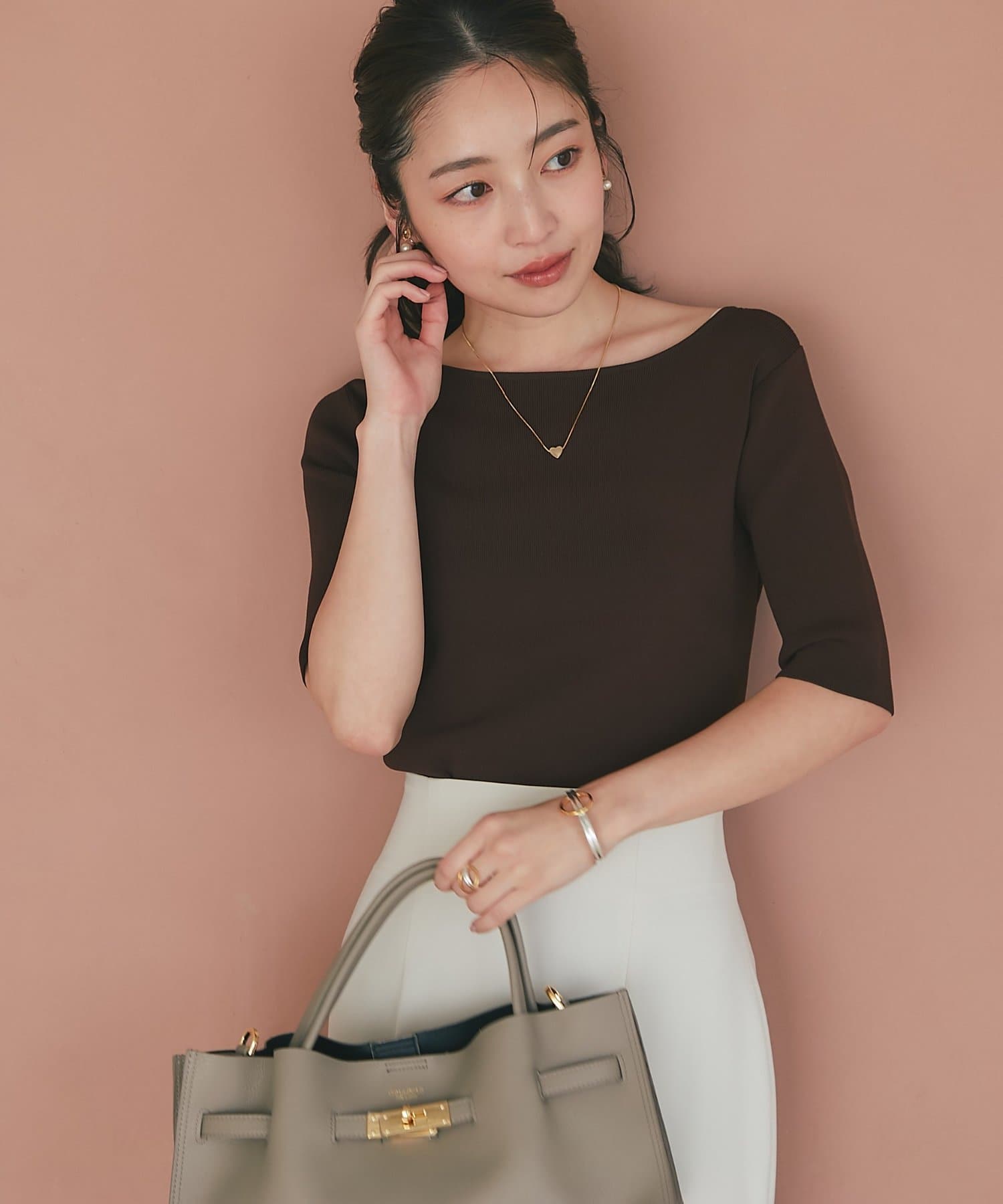 【美品】クールタッチUV フレンチハイネックニット ピンク ラブティックボンボン 名品・美人見え】クールタッチUV総針5分袖ニット（ニット