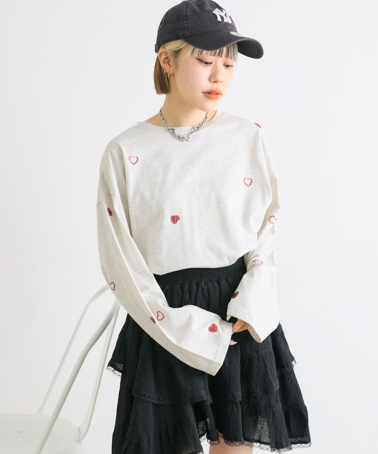 w closet(ダブルクローゼット) レディース スパンコールハートロンT アイボリー