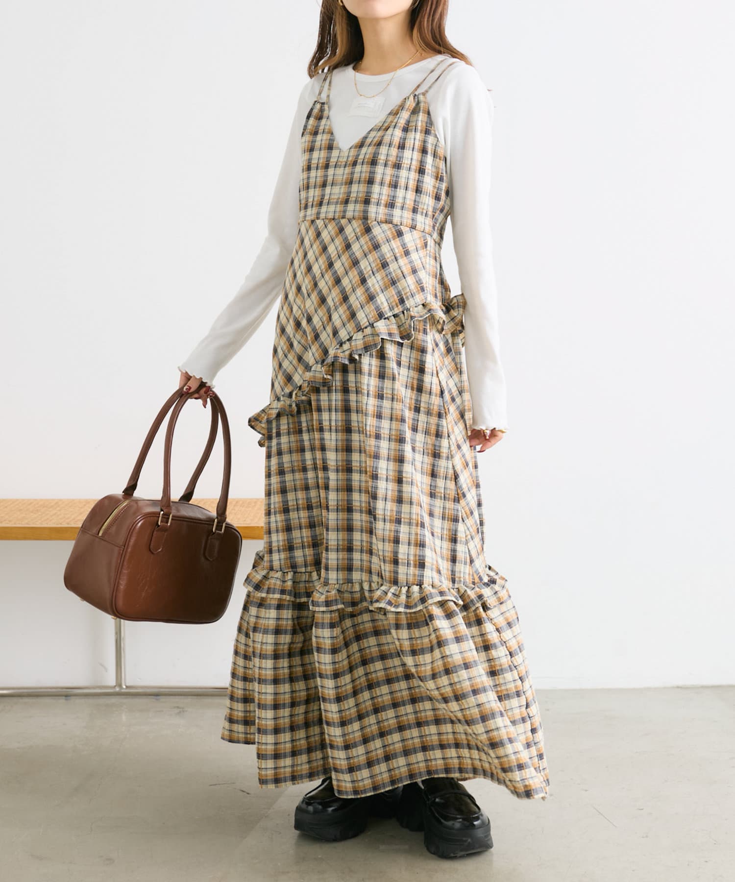 3色展開】アシメティアードチェックワンピース | w closet