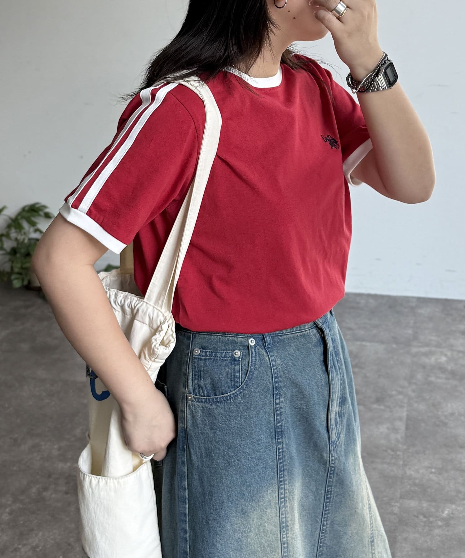 CPCM(シーピーシーエム) レディース 【U. S. POLO ASSN.】袖ライン半袖T レッド
